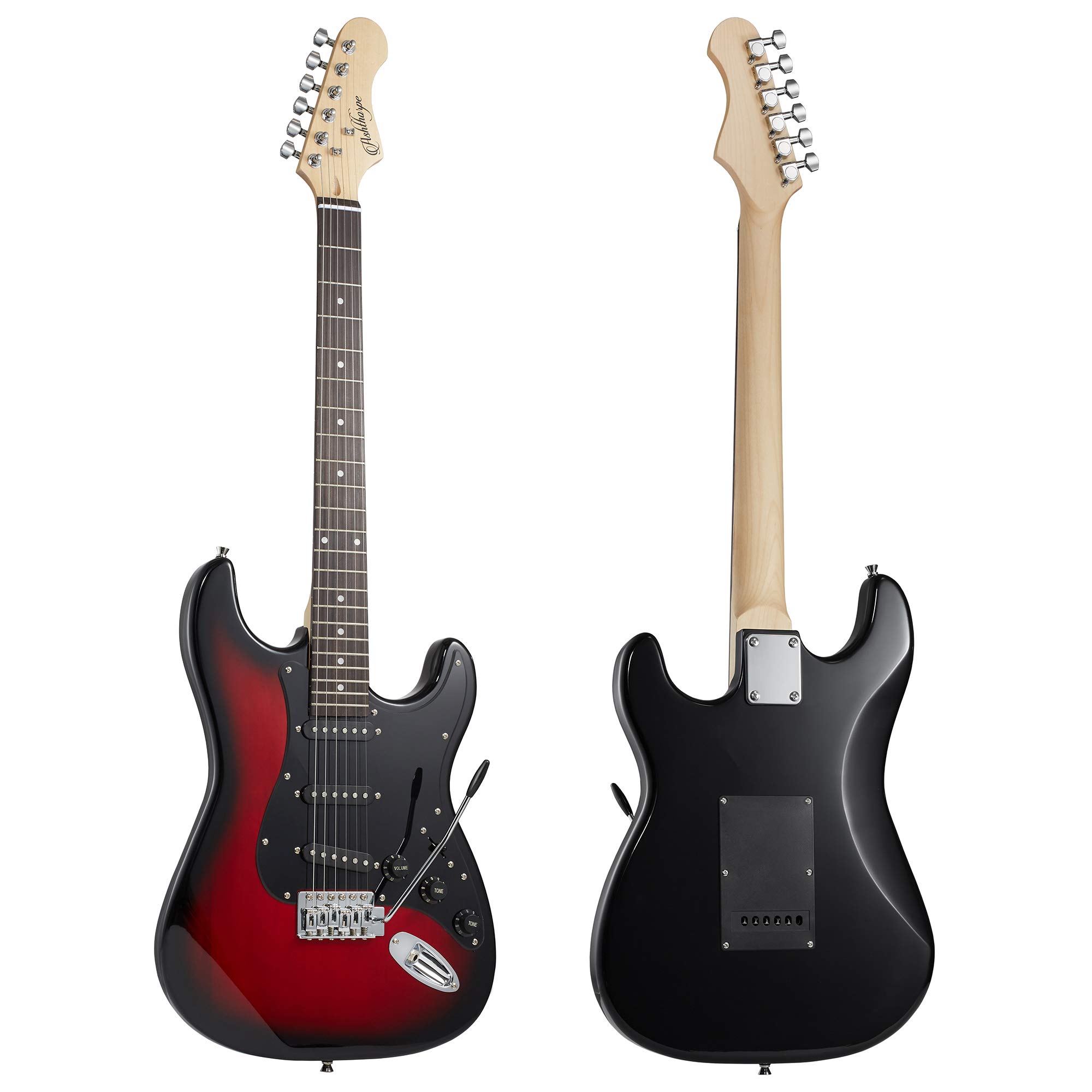 Ashthorpe 39-Inch Full Size Electric Guitar Kit - Red-Black Finish with Padded Gig Bag, Tremolo Bar, Strap, Strings, Cable & Accessories | Perfect for Beginners, Live Performances & Home Practice