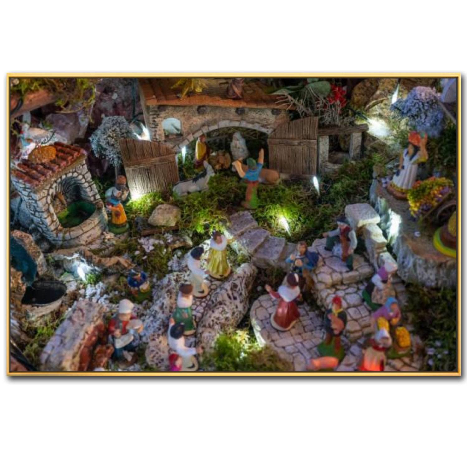Gold Framed Nativity Scene Canvas Wall Art - 23x34 Inch Christmas Crib Religious Painting, Stretched Poster for Home Decor, Perfect for Living Room & Bedroom (Ideal for Holiday Gifts & Church Decorations)