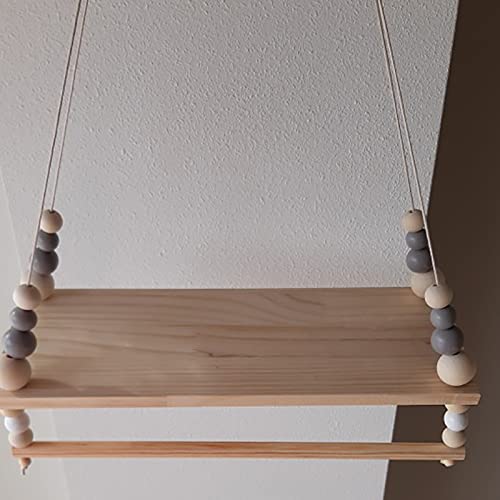 Wooden Wall Shelf with Clothes Rack - Kids Room Storage Organizer, Rope Wall Hanging Shelf for Living Room & Bedroom Decor - Space Saving Gray Home Organization Solution (Perfect for Small Spaces, Nursery, Dorm & Closet Storage)