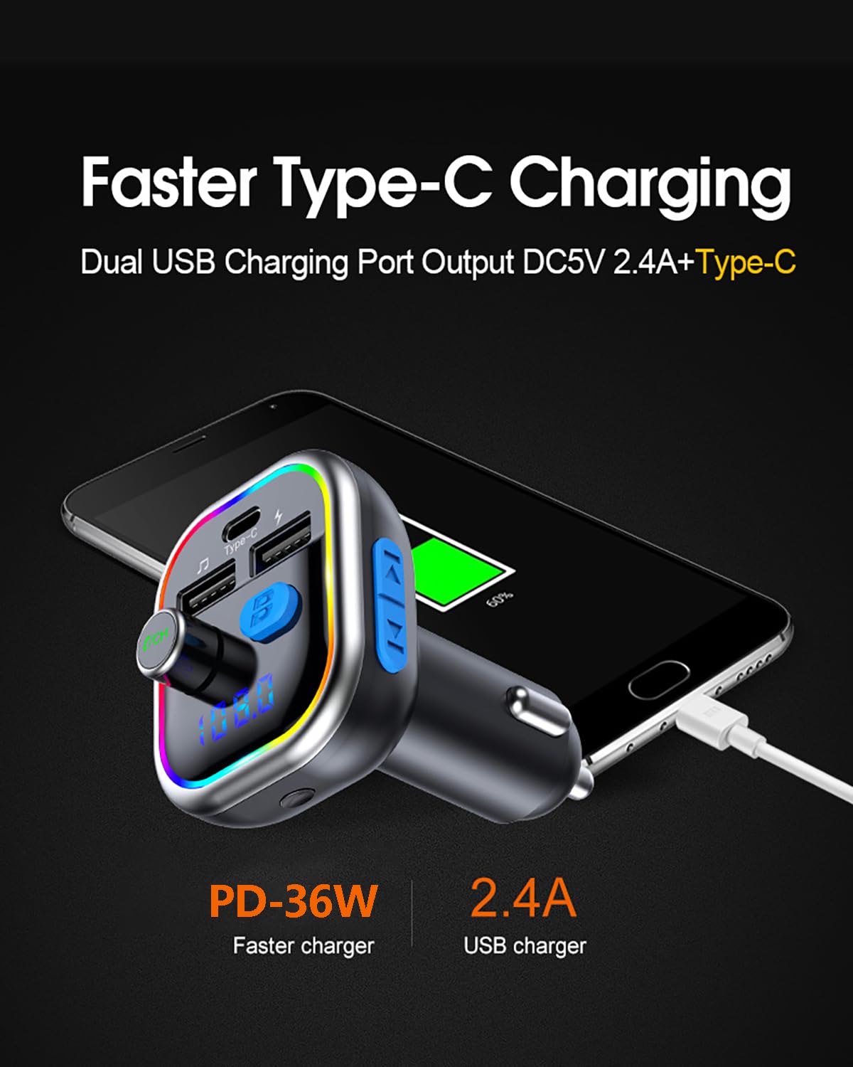 Bluetooth FM Transmitter for Car with 36W PD Fast Charging, Wireless Radio Adapter & MP3 Player - Perfect for Hands-Free Calls, Music Streaming & Charging on Road Trips