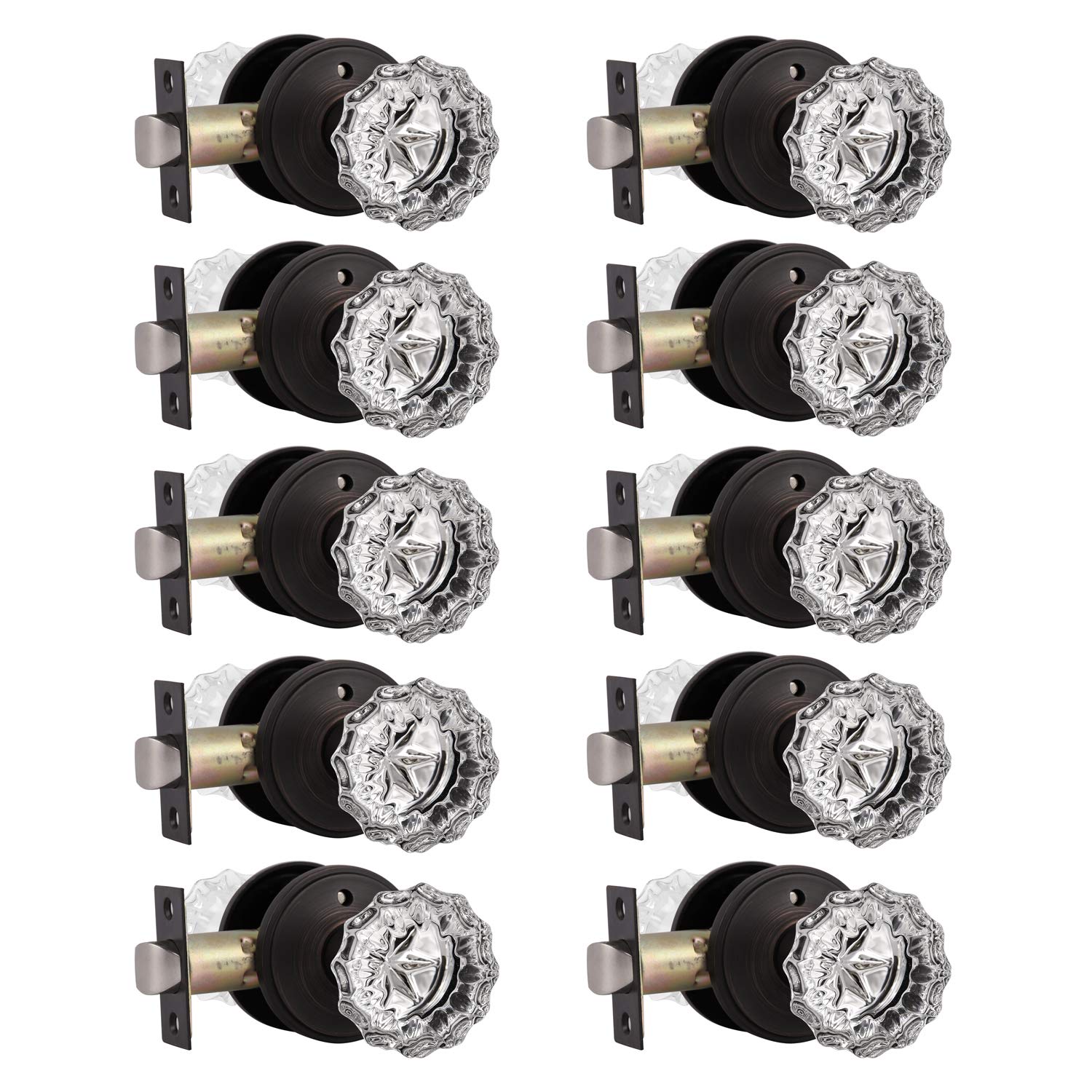 10 Pack Diamond Crystal Glass Interior Door Knobs with Lock - Privacy Door Knobs for Bedroom & Bathroom - Round Keyless Crystal Glass Knobs with Privacy Function in Oil Rubbed Bronze - Perfect for Home, Office, and Hotel Renovations