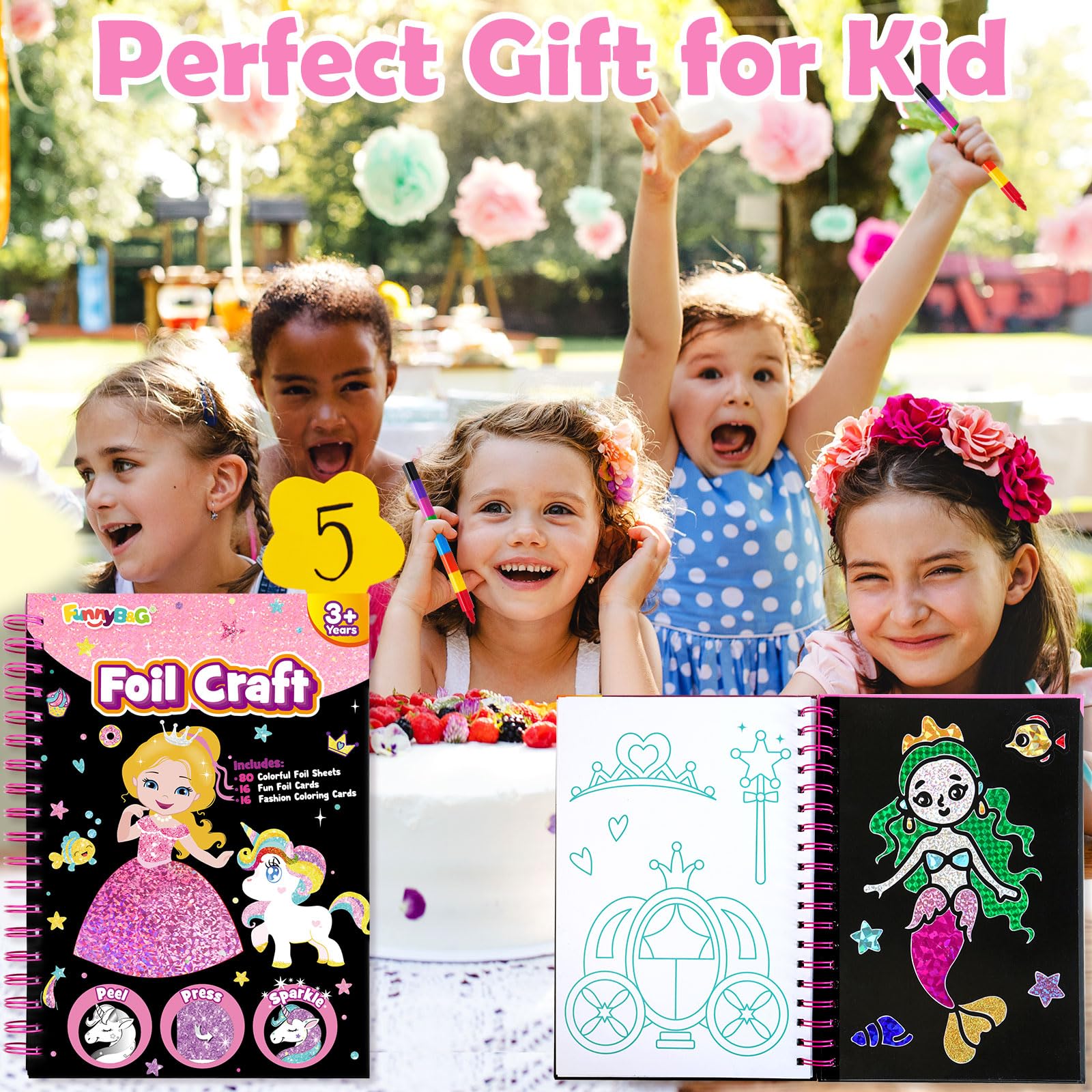 Foil Art Craft Kit for Kids - DIY No Mess Sticker Activity Set, Creative Travel Toys for Toddlers Ages 4-9, Easter Basket Stuffers, Birthday Gifts for Boys & Girls (Princess Theme) - Perfect for Party Favors & Classroom Art Projects