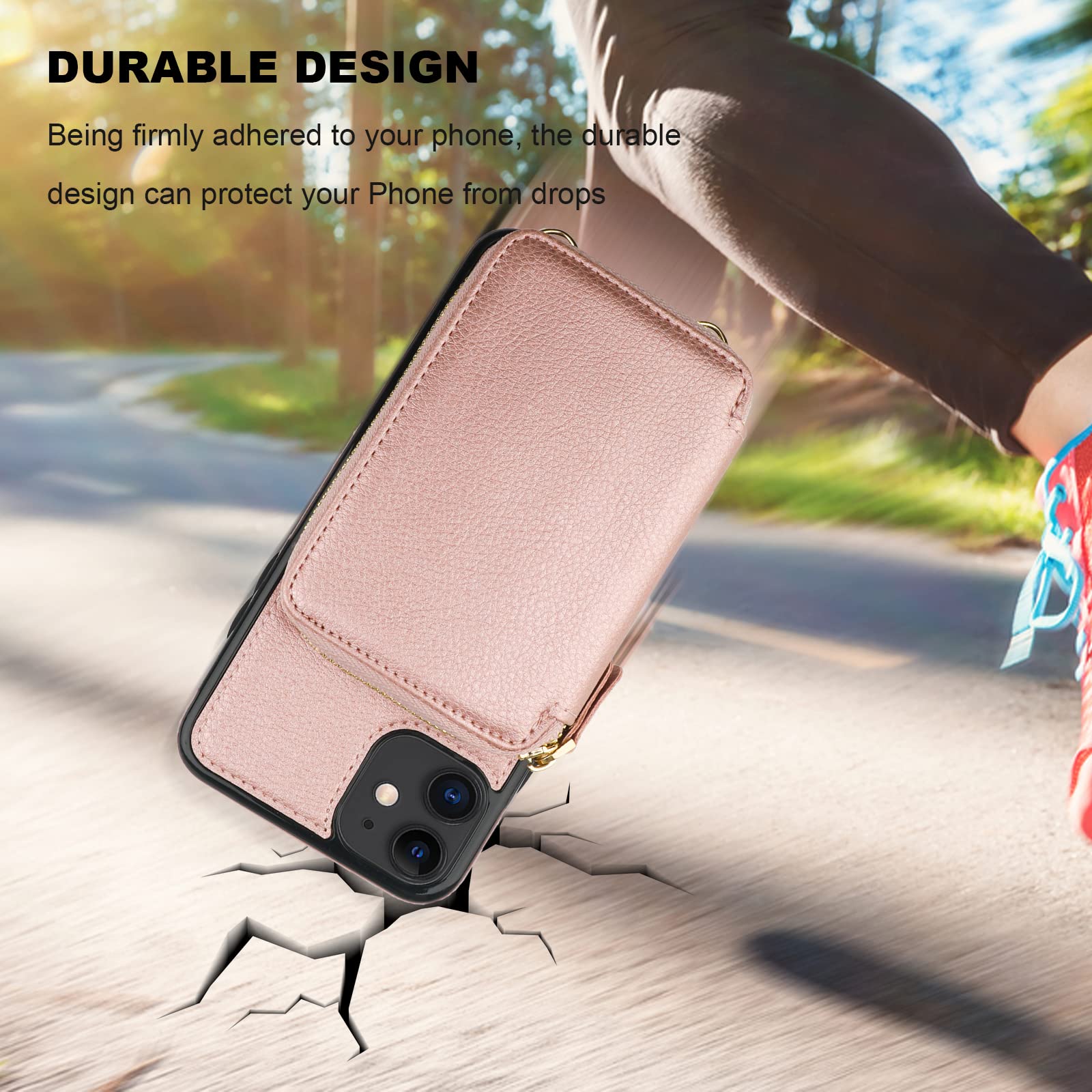 RFID Blocking Wallet Case for iPhone 11 - PU Leather Crossbody Zipper Purse with Card Holder, Kickstand & Detachable Wrist Strap | 6.1 Inch Rose Gold Folio Case | Perfect for Travel, Shopping & Daily Use