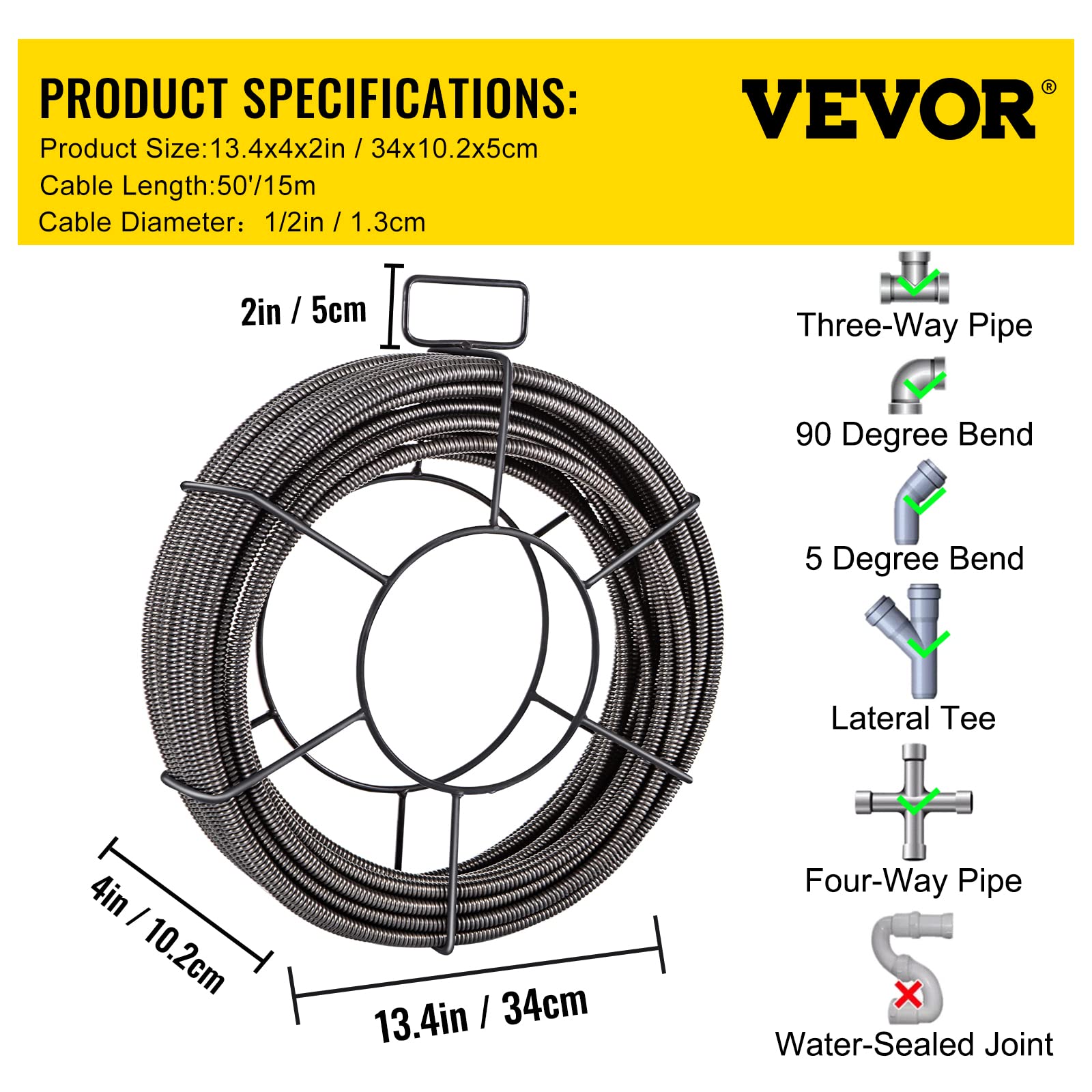 **Mophorn 50ft x 1/2 Inch Solid Core Drain Cleaning Cable - Heavy Duty Sewer Snake Auger for Clogged Pipes, Sinks & Toilets - Perfect for Home, Commercial & Industrial Drain Maintenance**