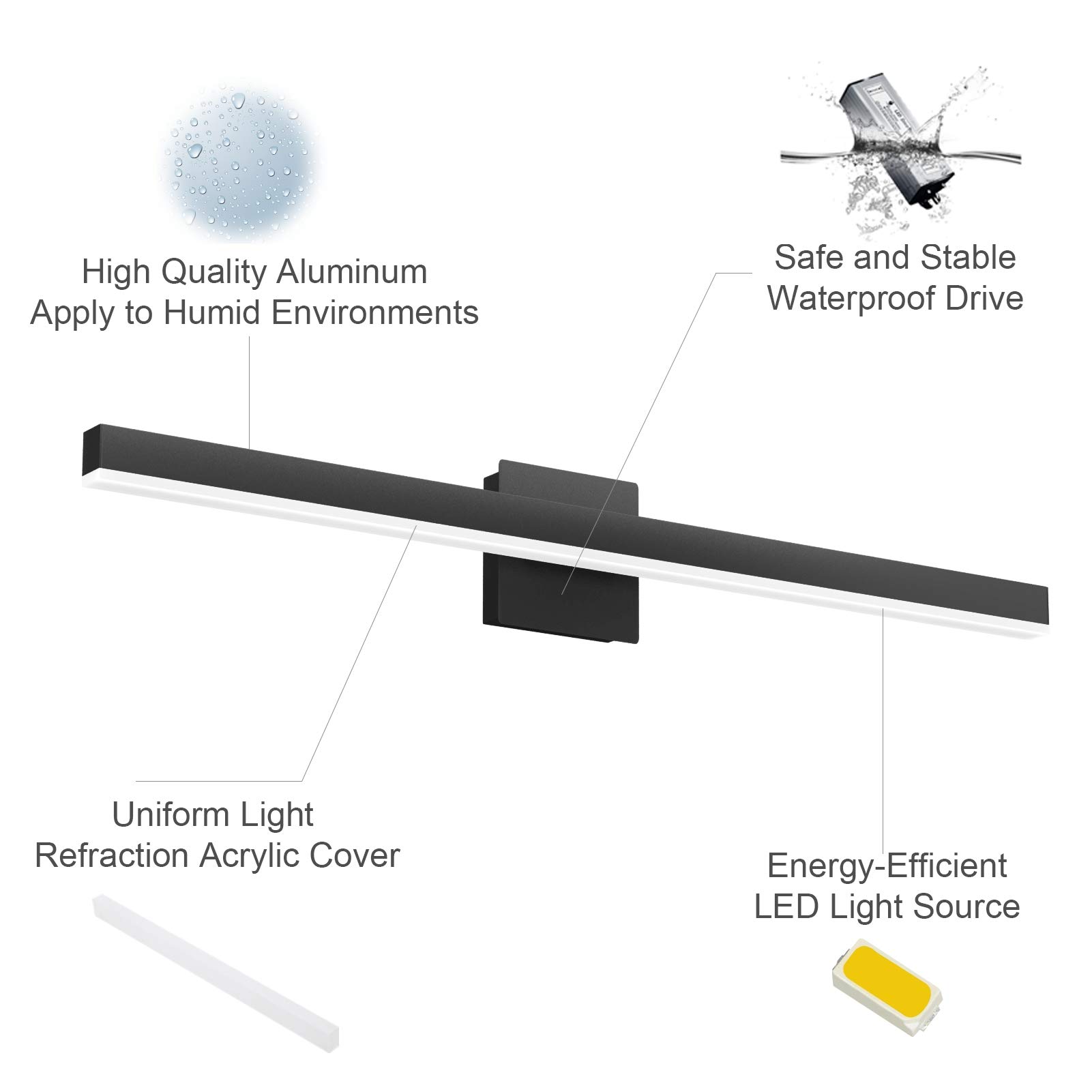 Aipsun 31.5 Inch Modern Black LED Bathroom Vanity Light - 26W, 6000K White Light - Wall Mounted Fixture for Bathroom Mirror, Makeup Area & Dressing Room Lighting