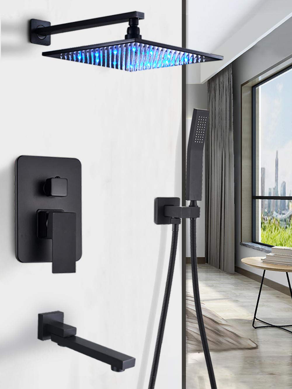 Matte Black Rainfall Shower Head with LED Lights - Wall Mounted Bathroom Faucet Set for Modern Showers | Perfect for Spa-Like Bathing Experience & Luxury Home Renovation