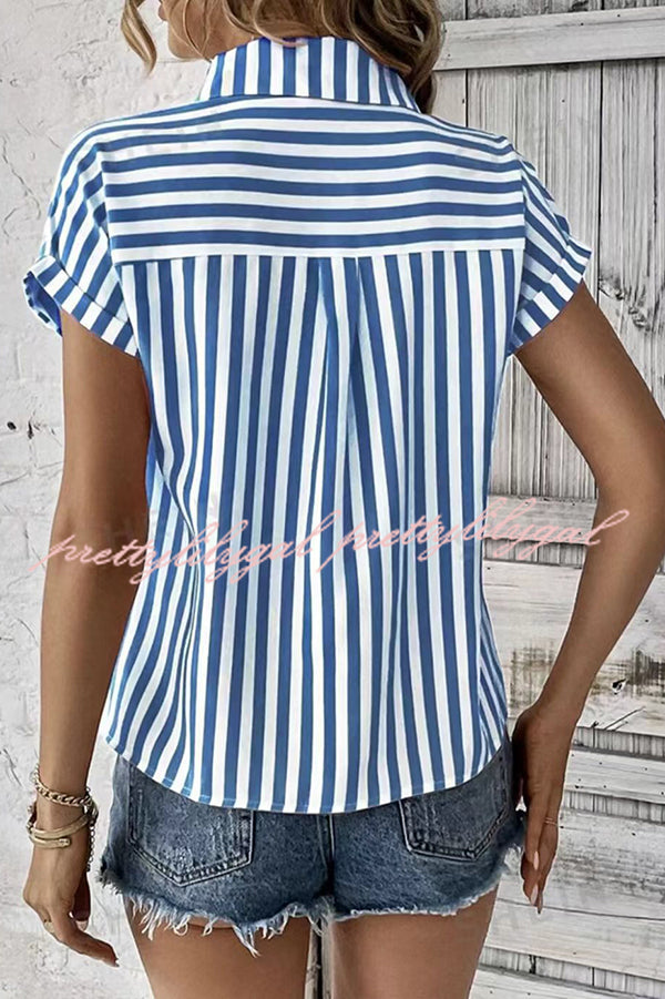 Men's Striped Print Short Sleeve Pocket Shirt - Casual Summer Button Down Top for Beach, Office & Outdoor Activities