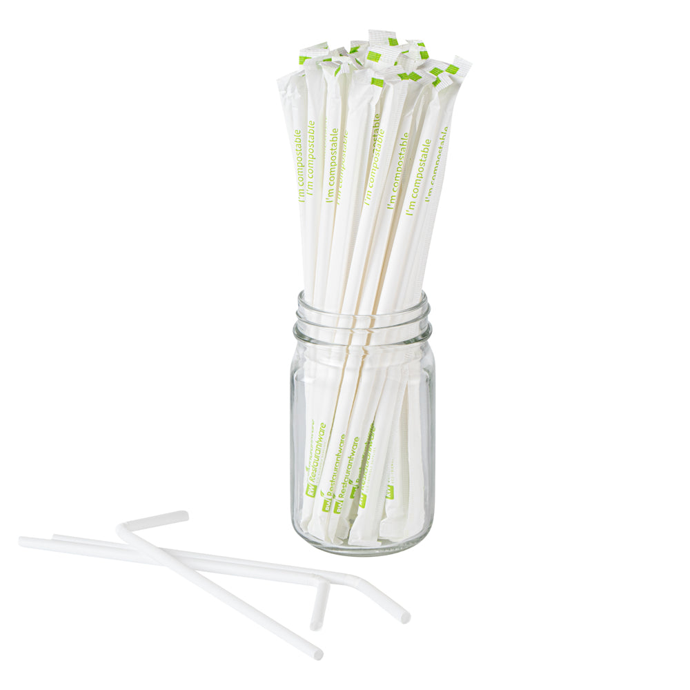 Eco-Friendly White PLA/PBAT Compostable Straws - Flexible, Wrapped, 8 1/4 Inch, 2000 Count Bulk Box - Perfect for Restaurants, Cafes, and Eco-Conscious Events