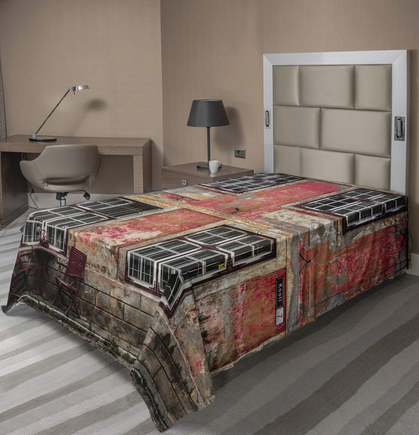 Ambesonne Urban Flat Sheet - Medieval European Nordic Old City Travel Landmark Design - Soft Comfortable Decorative Bedding for TwinXL Size - Pale Orange Burgundy - Perfect for Guest Rooms, Dorm Decor & Themed Bedroom Makeovers