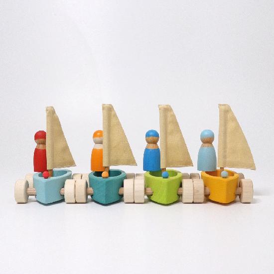 Grimm's Set of 4 Wooden Little Land Yachts with Sailors - Montessori Toys for Kids | Perfect for Pretend Play & Early Learning Activities