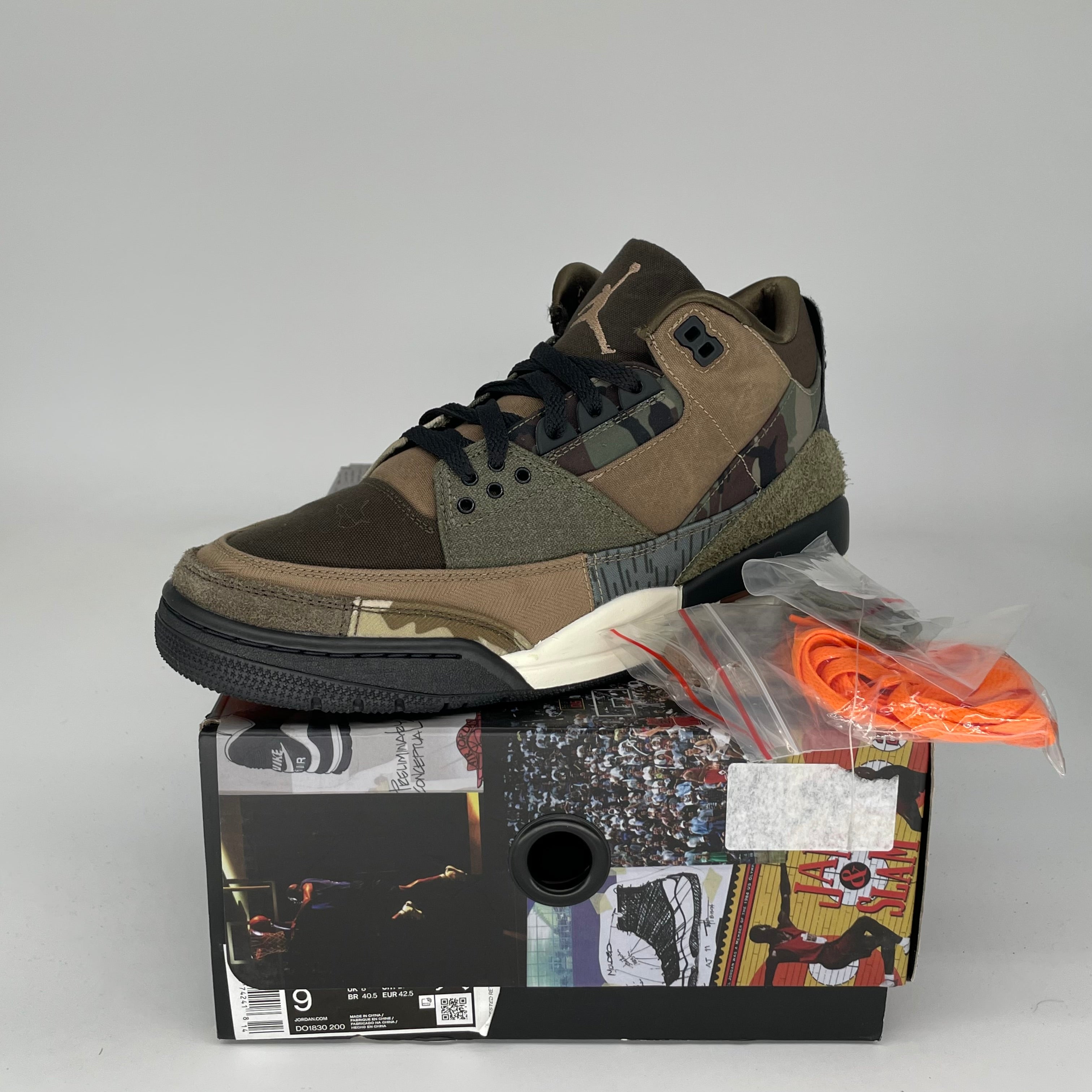 Original Air Jordan 3 Patchwork Camo Sneakers - Size 9 (DO1830-200) - Retro Basketball Shoes for Men, Streetwear & Casual Fashion
