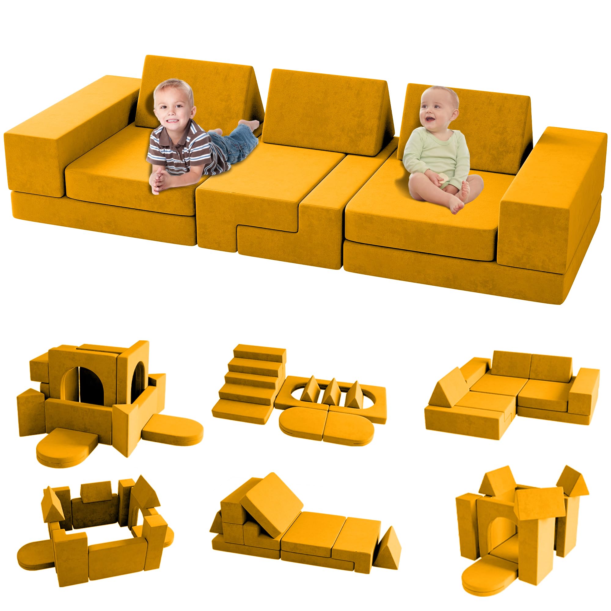 Wanan Modular Kids Play Couch - 13PCS Soft Foam Sectional Sofa for 4 Children, Playroom Furniture for Boys & Girls, Yellow Small (90103) - Perfect for Playrooms, Daycare Centers & Indoor Play Areas