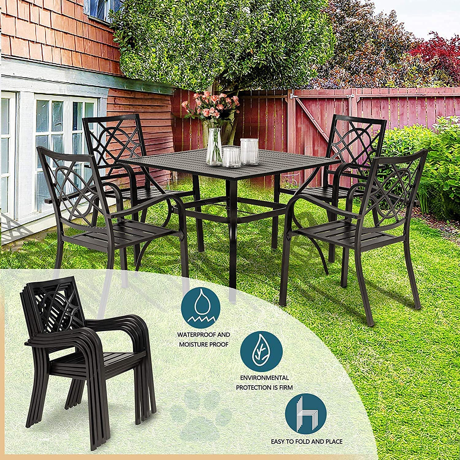 Oakcloud 5-Piece Outdoor Dining Set - Black Metal Patio Furniture with 4 Stackable Chairs & Square Table (Umbrella Hole Included) - Perfect for Backyard, Garden, Poolside & BBQ Gatherings