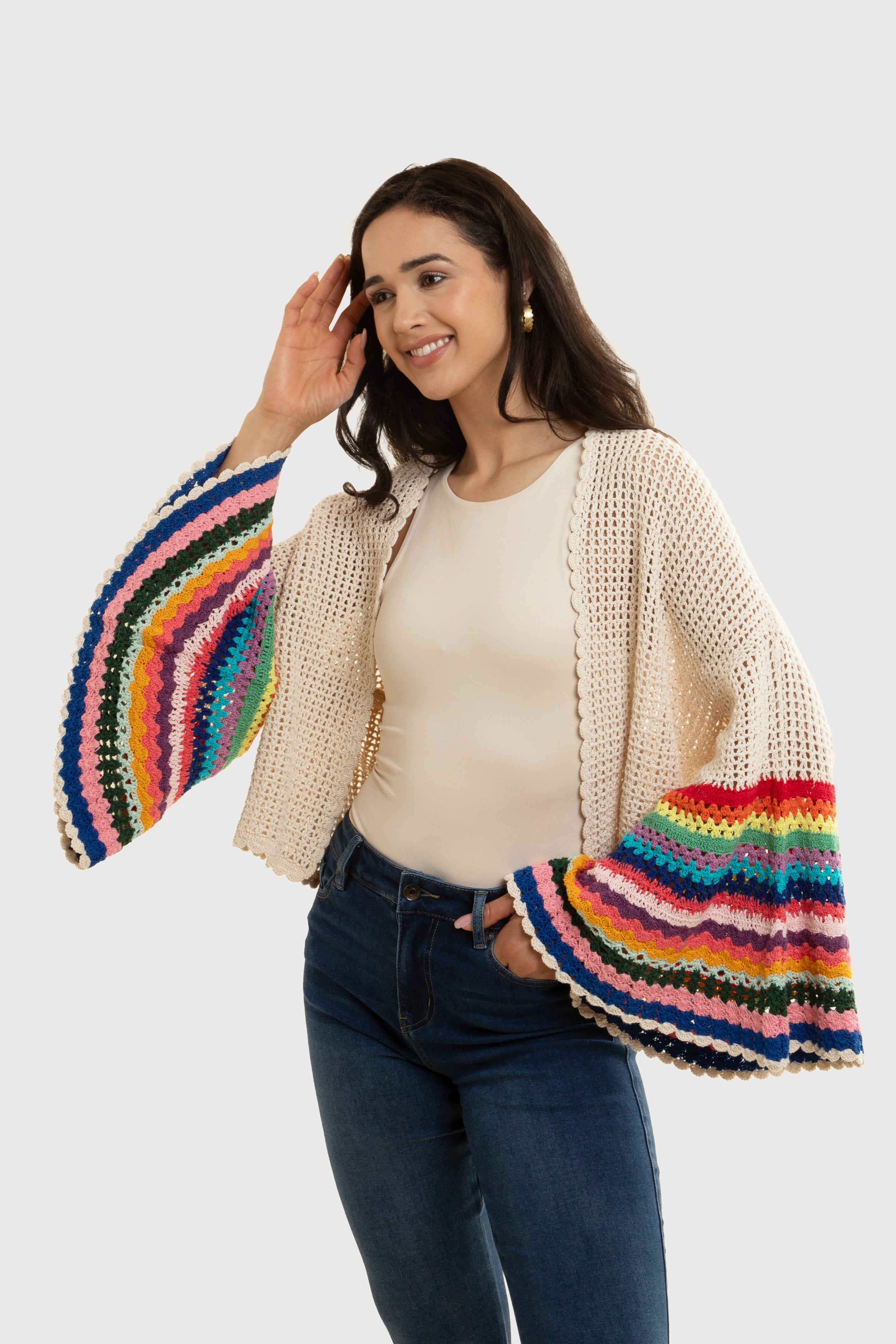 Colorful Crochet Bell Sleeve Short Jacket for Women - Boho Chic Summer Cover Up, Beach Wedding Outfit, Music Festival Fashion