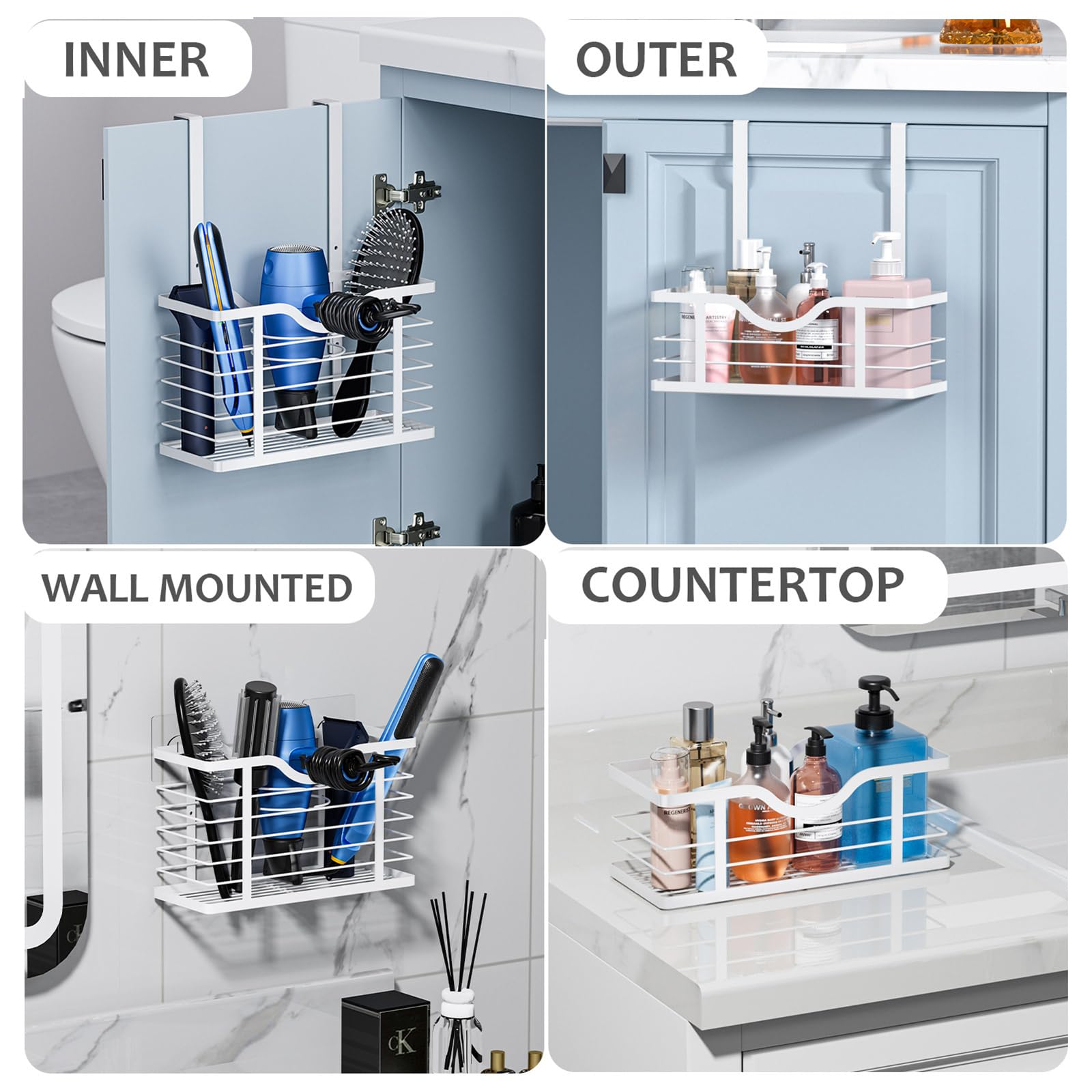 Carwiner 2-Pack Adjustable Height Hair Dryer Holder & Hair Tool Organizer - Wall Mounted or Cabinet Door Mount for Blow Dryers, Straighteners - Perfect for Bathroom Storage & Salon Organization