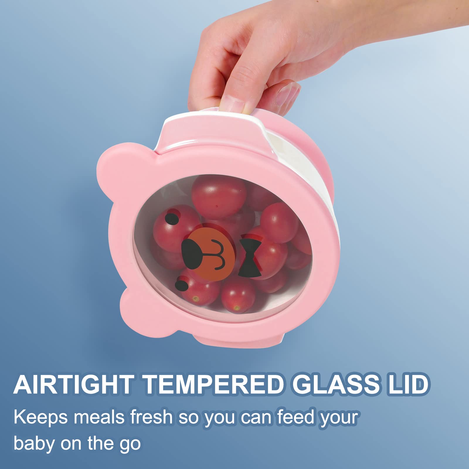 MR. CHOU Baby Bowls with Lids - Leakproof Tempered Glass & Ceramic Infant Feeding Supplies for Babies & Toddlers | 100% Food Grade Safe | Perfect for Snacks, Purees & First Foods | Easy-Grip Handles | Pink