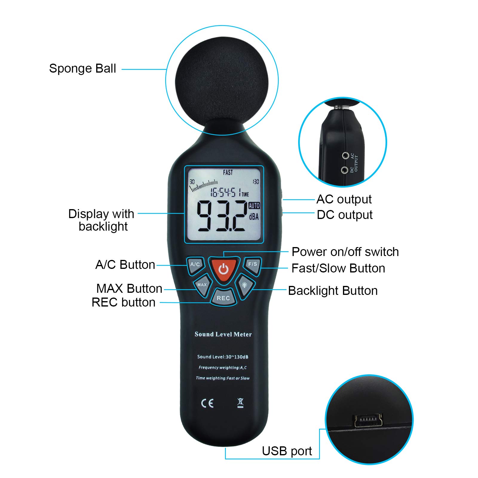 Professional Decibel Meter Sound Level Tester 30-130dB with Data Logger & Backlit LCD - Noise Measurement for Home, Workplace, and Industrial Use - Includes CD Software for Audio Analysis