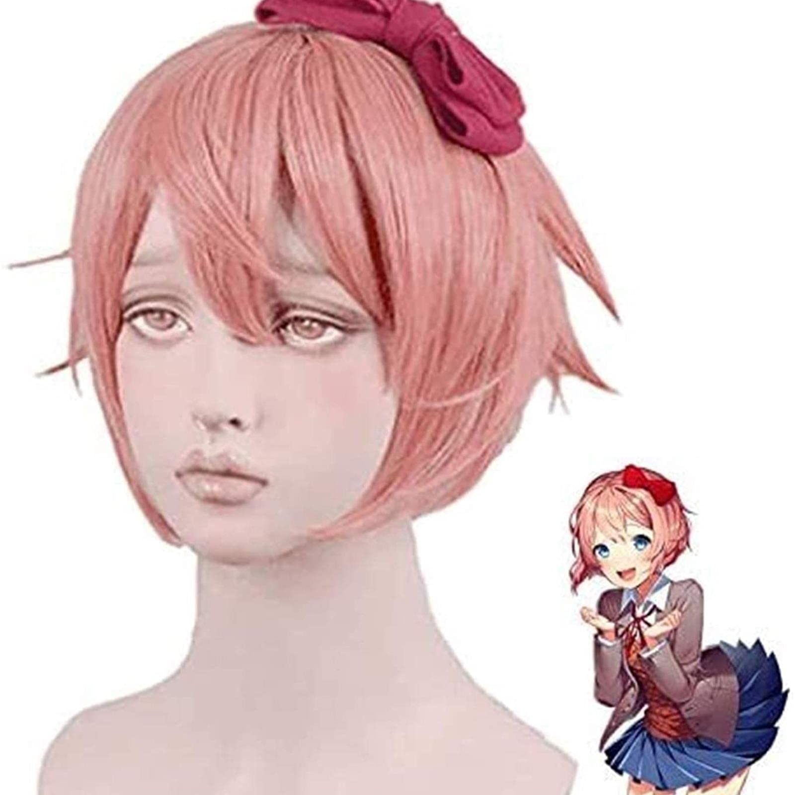 Doki Doki Literature Club Sayori Pink Short Synthetic Cosplay Wig - Heat Resistant Anime Costume Wig for Women, Party & Daily Use | Perfect for Cosplay Events, Halloween, and Themed Parties