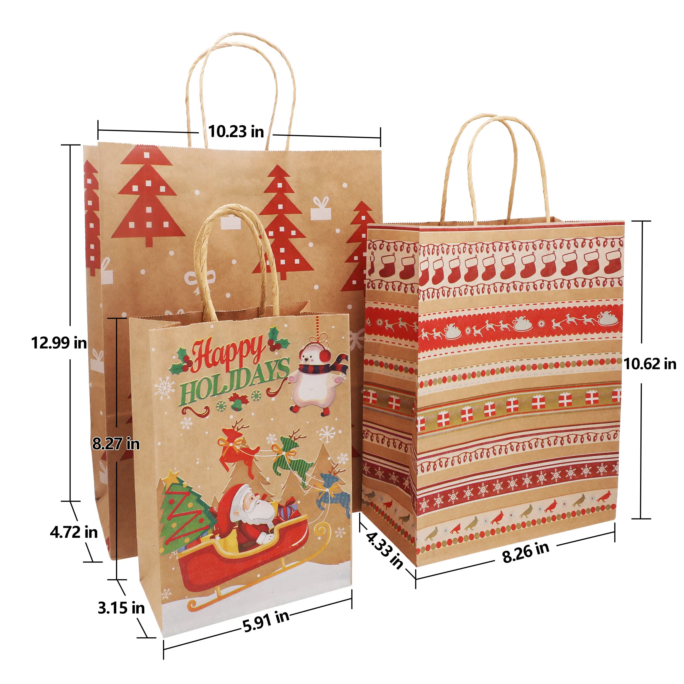 AMMAKER 18 Pack Christmas Themed Reusable Kraft Gift Bags - 9 Styles Assorted Sizes with Handles - Bulk Eco-Friendly Party Favor Bags for Holiday Parties, Gift Exchanges & Family Gatherings