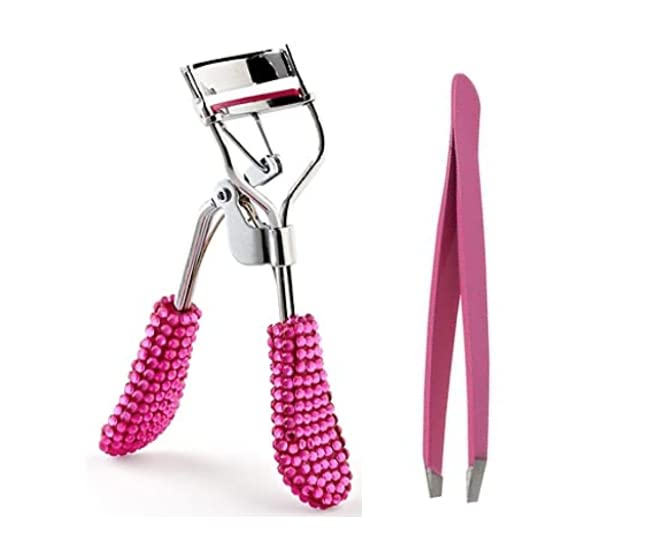 Bling Crystal Rhinestone Eyelash Curler with Slant Tip Tweezers - Professional Lash Curling Tool for Dramatic, Long-Lasting Curls - Perfect for Makeup Artists, Bridal & Party Looks (Pink with Tweezers)