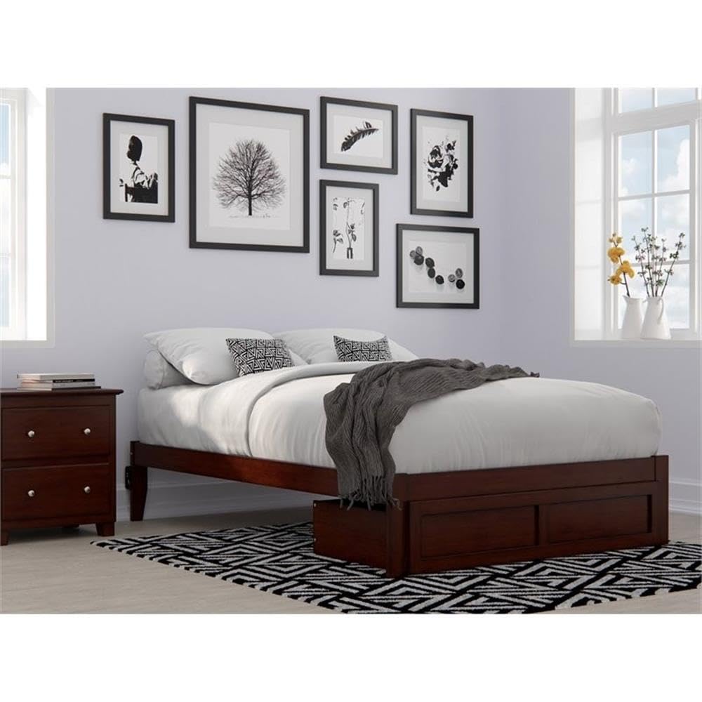 Pemberly Row Modern Walnut Wood Full Bed Frame with Foot Drawer Storage & USB Charging Ports - Perfect for Small Bedrooms, Guest Rooms & Contemporary Home Decor