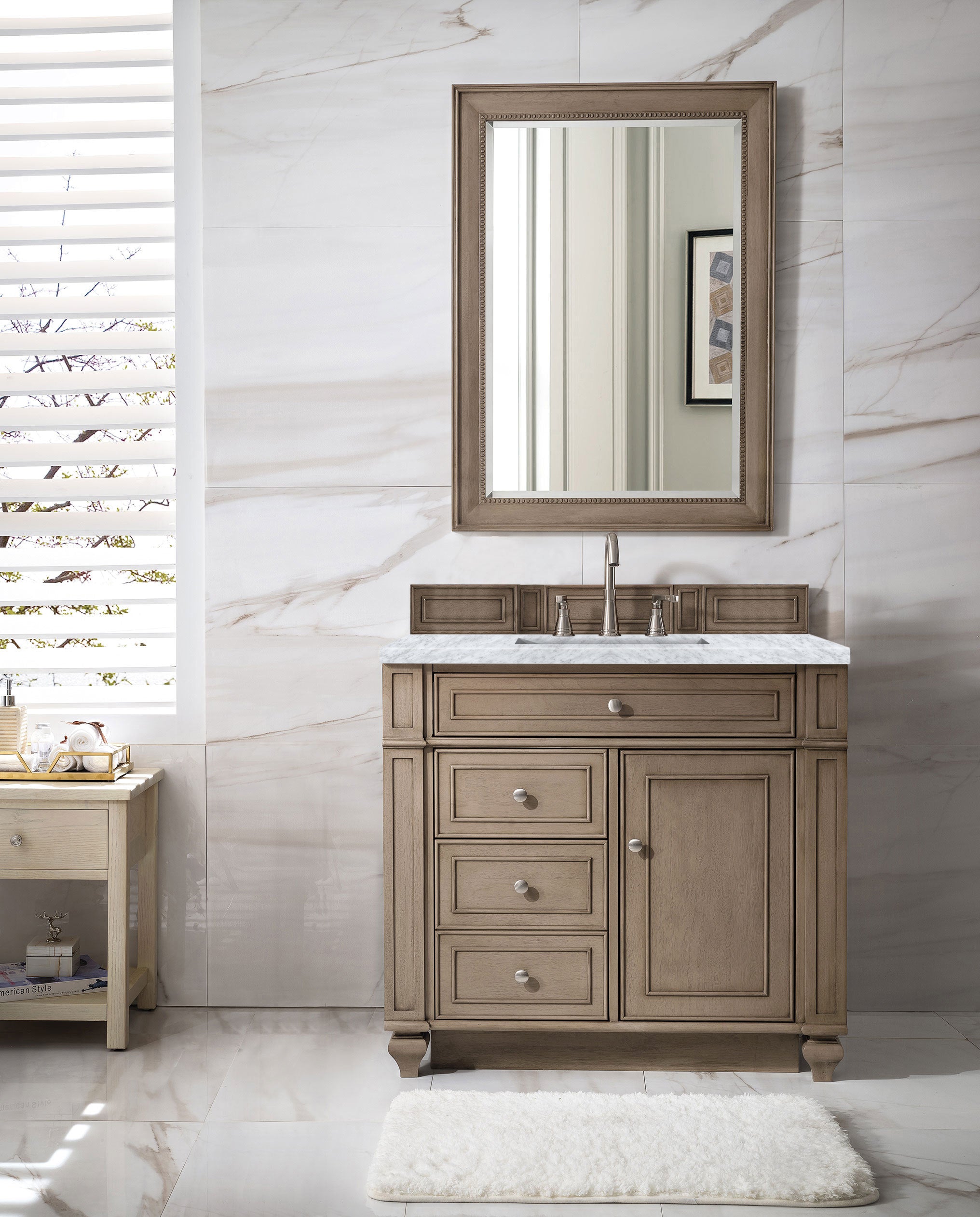 Bristol 36 Inch Single Bathroom Vanity with Whitewashed Walnut Finish & 3CM Carrara Marble Top - Perfect for Modern Farmhouse, Coastal, or Transitional Bathroom Designs