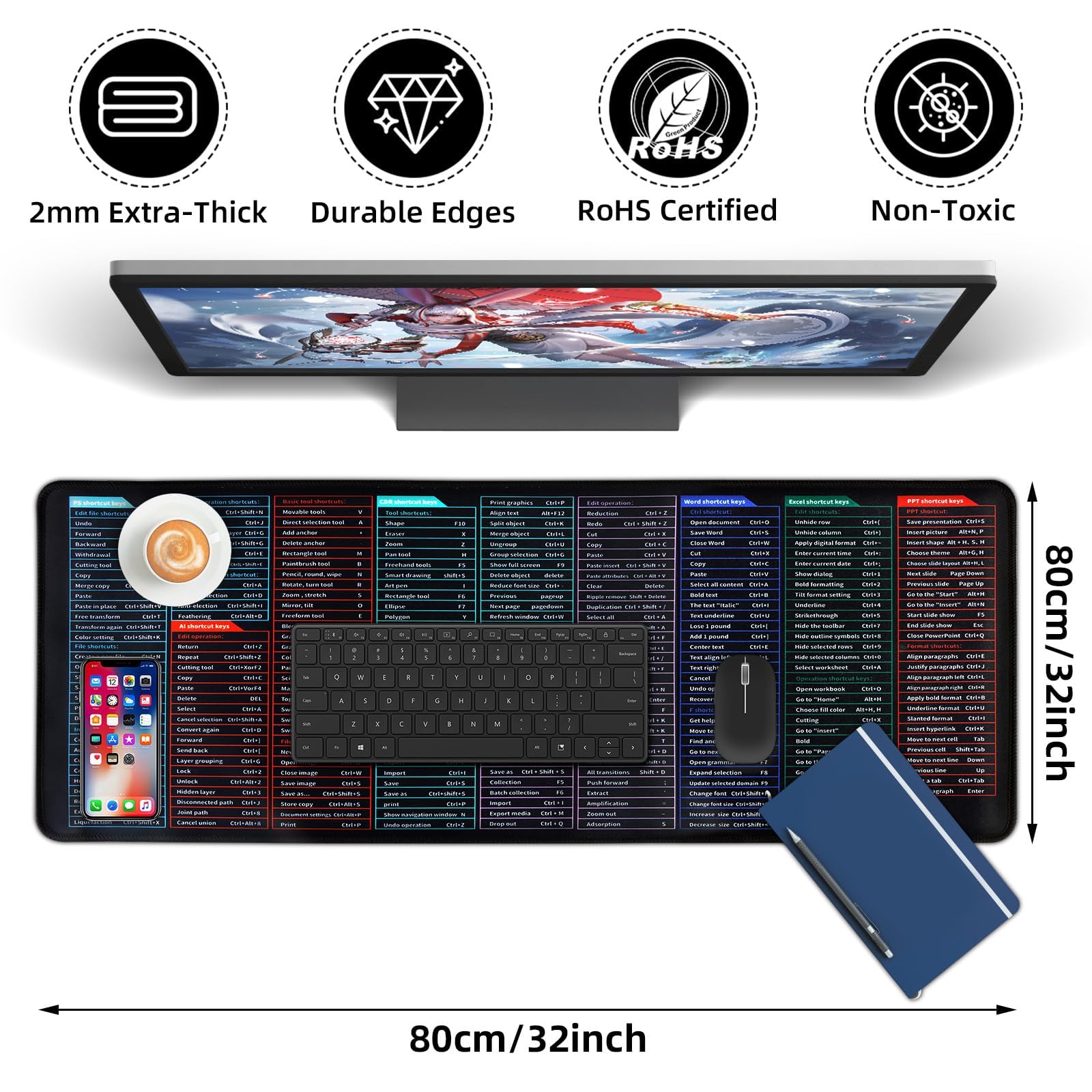 Quick Key Keyboard Mouse Pad - Non-Slip Desk Mat with Office Software Shortcuts | Upgraded Large Rubber Base & Smooth Cloth Surface | Perfect for Office Work, Gaming & Home Computer Setup