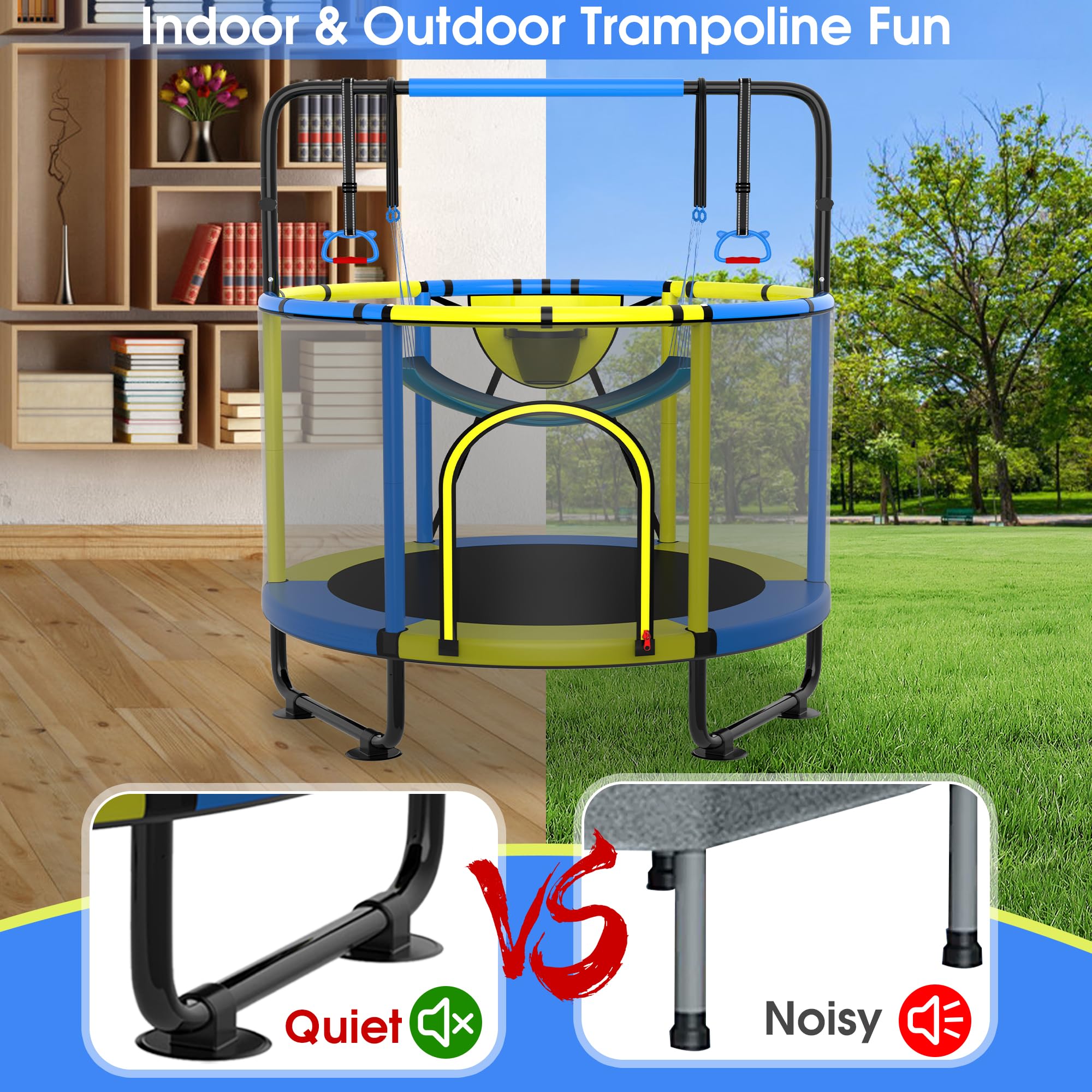 SKYUP 4.5/5/5.5FT Kids Trampoline with Safety Net - 400LB Capacity Toddler Trampoline Set with Swing, Adjustable Gymnastics Bars & Basketball Hoop - Indoor/Outdoor Mini Trampoline for Boys & Girls Ages 1-8 | Perfect Birthday Gift & Backyard Play Equipment
