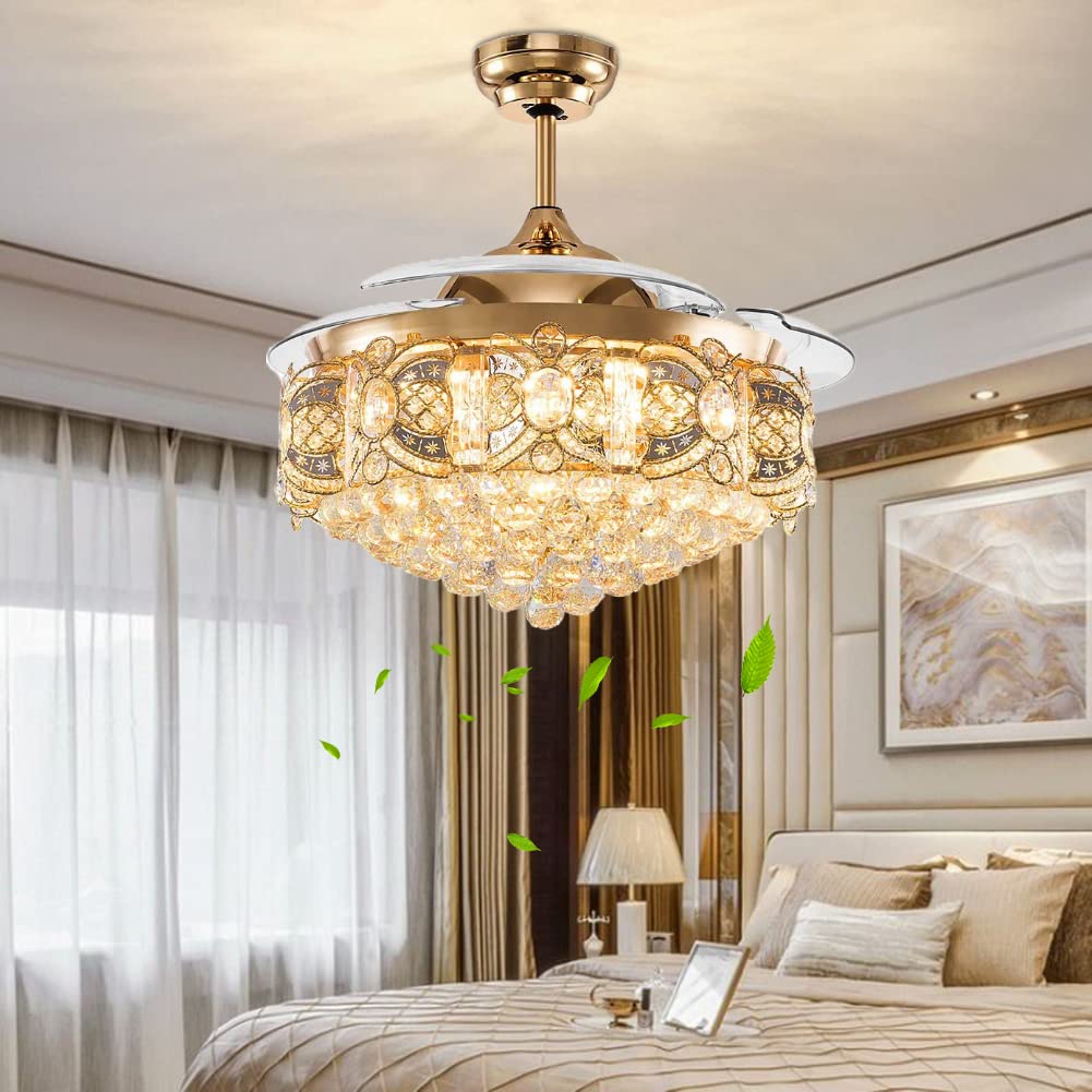 Modern Crystal Ceiling Fan with Lights & Remote - Invisible Retractable Chandelier Fan with 3 LED Light Settings, Rose Gold - Perfect for Dining Room, Bedroom, Living Room & Home Decor