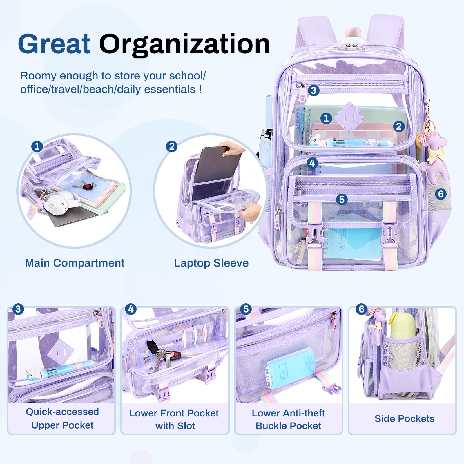 Clear Backpack for School & Travel - Heavy Duty PVC Transparent Bookbag with Multiple Pockets for Women & Teens | Waterproof See-Through Stadium Bag with Leather Pendant (Pink) - Perfect for School, Concerts, Airport Security & Theme Parks
