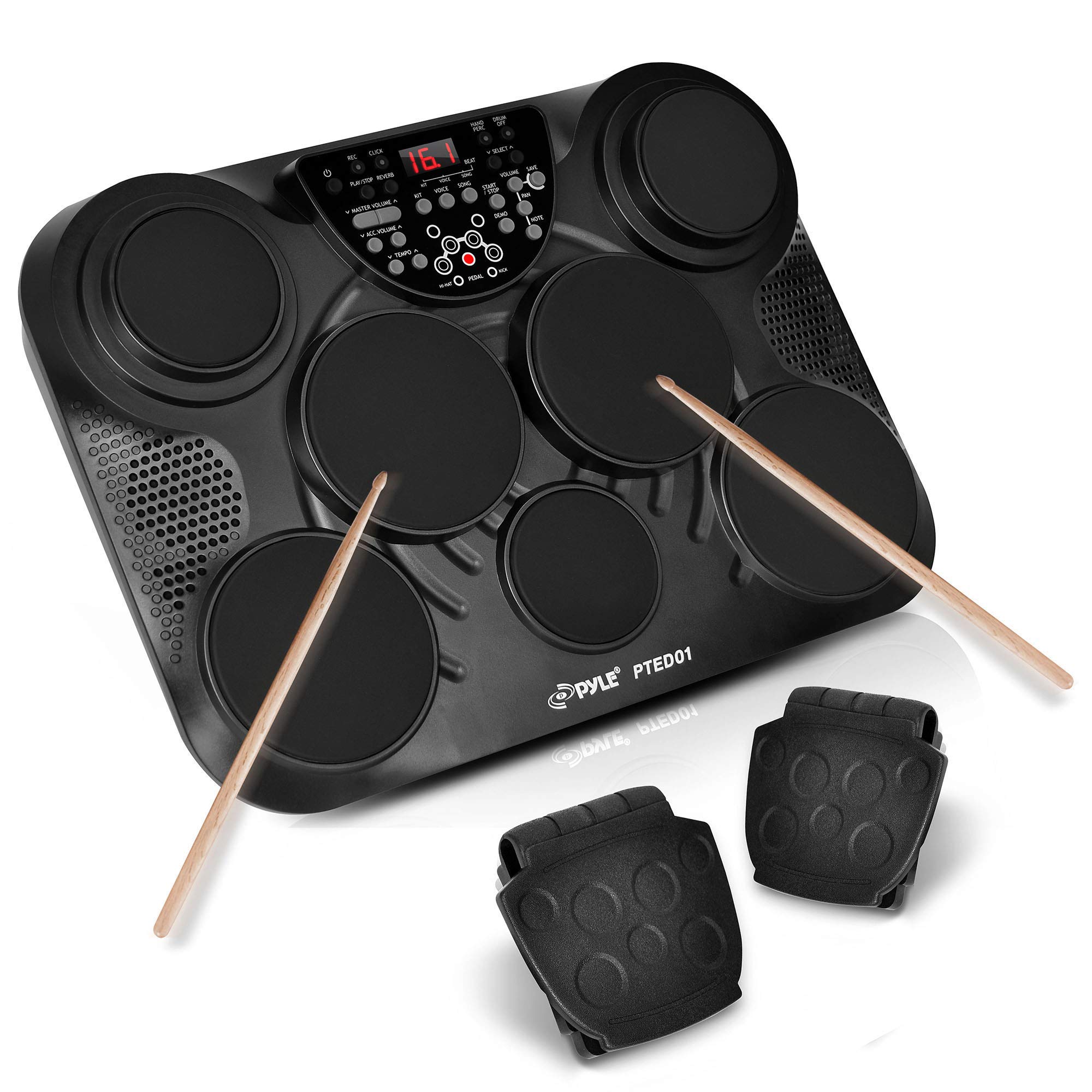 Pyle PTED01 7-Pad Digital Drum Kit with Touch Sensitivity, Wireless Electric Drums, LED Display - Portable Tabletop Drum Set for Mac & PC | Perfect for Home Practice, Studio Recording & Live Performances