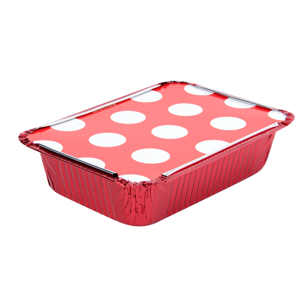 16 oz Rectangle Red Aluminum Take Out Food Containers with Polka Dot Paper Lids - 7.25