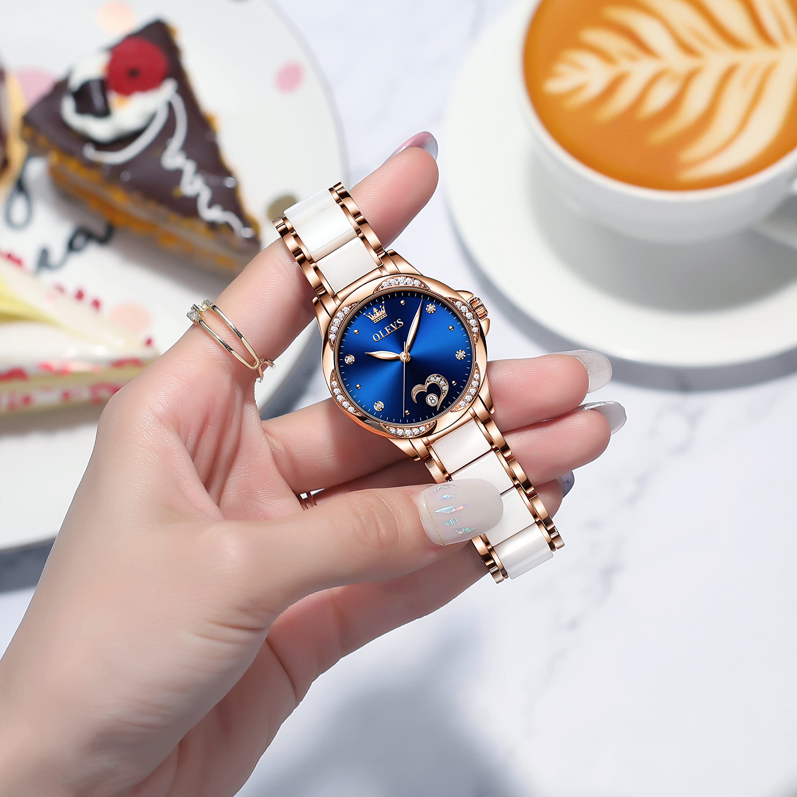 OLEVS Women's Automatic Watch - Luxury Large Face Diamond Accented Self-Winding Dress Watch with Two-Tone Stainless Steel & Ceramic Bracelet | Waterproof Ladies Watch for Business, Party & Everyday Wear