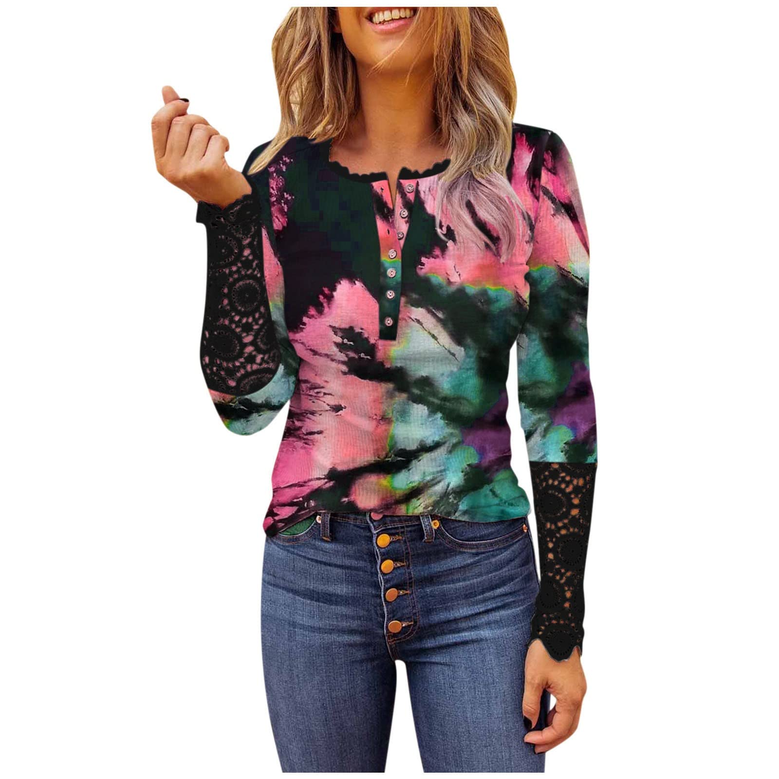 Women's Long Sleeve Blouse - Elegant Lace Sleeve Tunic Top with Button Down Design, Slim Fit Casual & Dressy Printed Tee Shirt | Perfect for Office Wear, Date Night, and Special Occasions