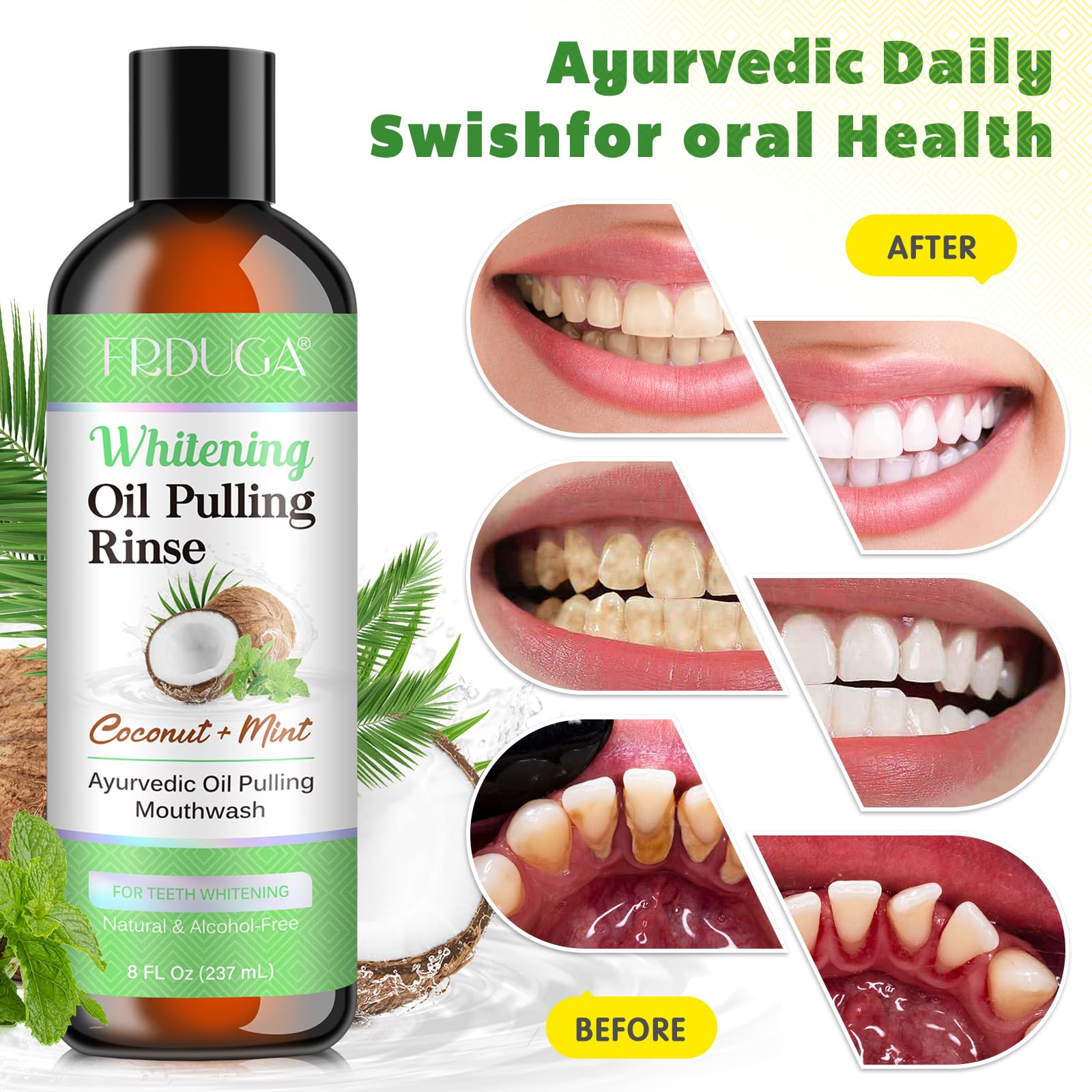 Organic Coconut Oil Pulling for Teeth & Gums - 237ml Natural Mint Coconut Oil Mouthwash with Essential Oils & Vitamins | Whitening, Freshen Breath, Improve Oral Hygiene | Perfect for Morning Routine & Ayurvedic Oral Care