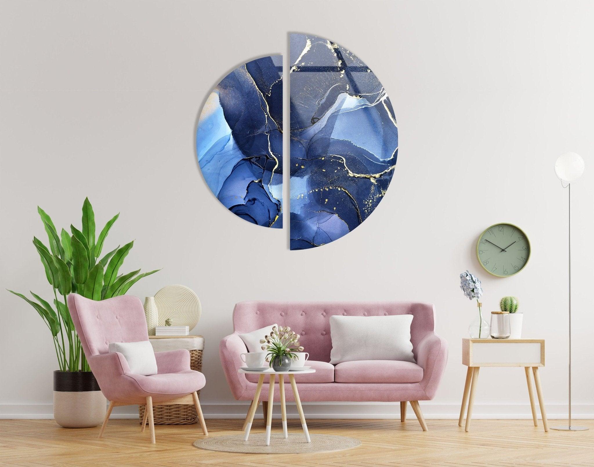 2 Piece Circular Dark Blue Marble Glass Wall Art Set - Modern Home Decor for Living Room, Bedroom, Office - Elegant Handmade Glass Mosaic Wall Hangings for Interior Design