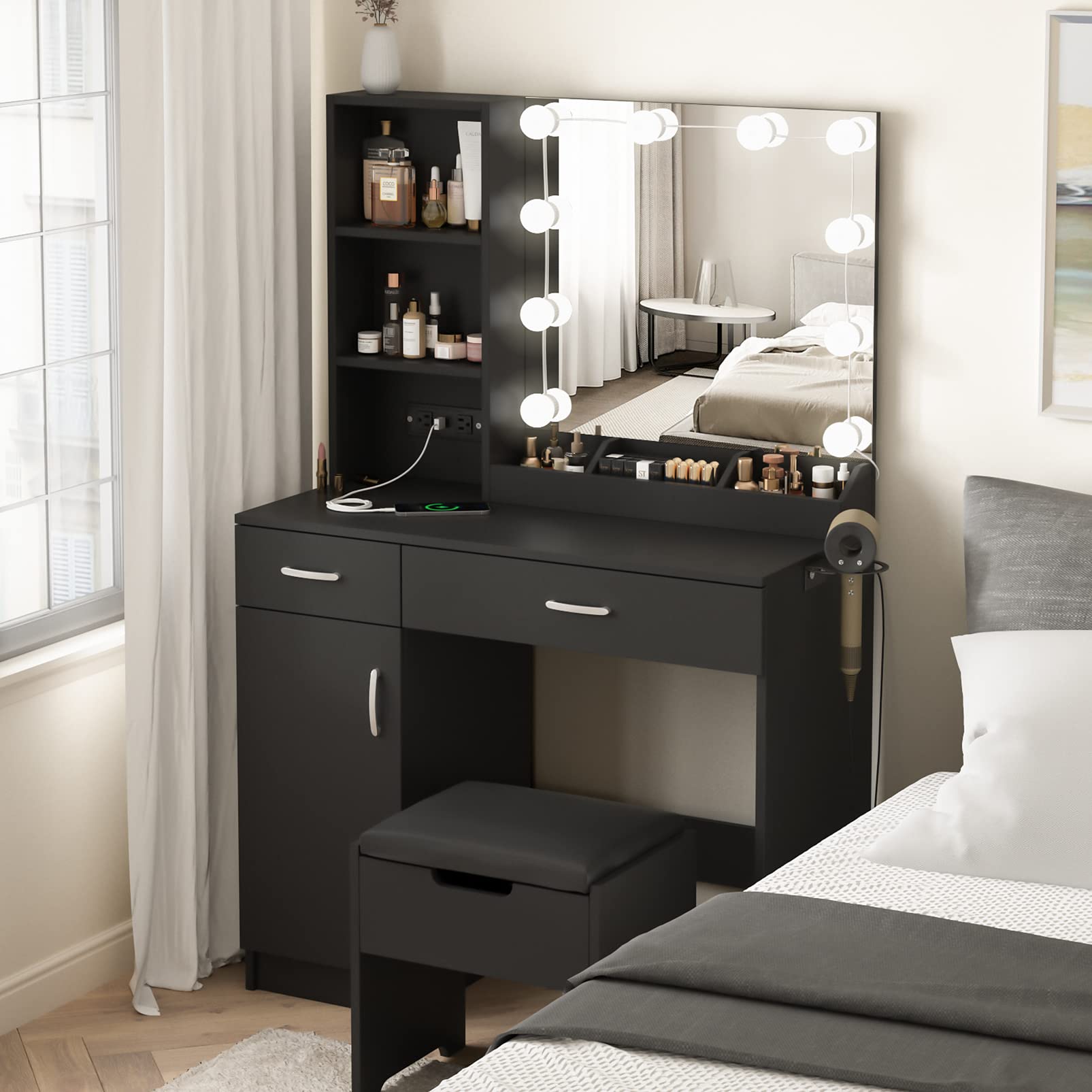 Fameill Black Makeup Vanity Desk with LED Lighted Mirror & Power Strip, 2-Drawer Vanity Table Set with Storage, 3 Adjustable Lighting Colors, 35.4 Inch - Perfect for Bedroom, Dressing Room & Home Beauty Station