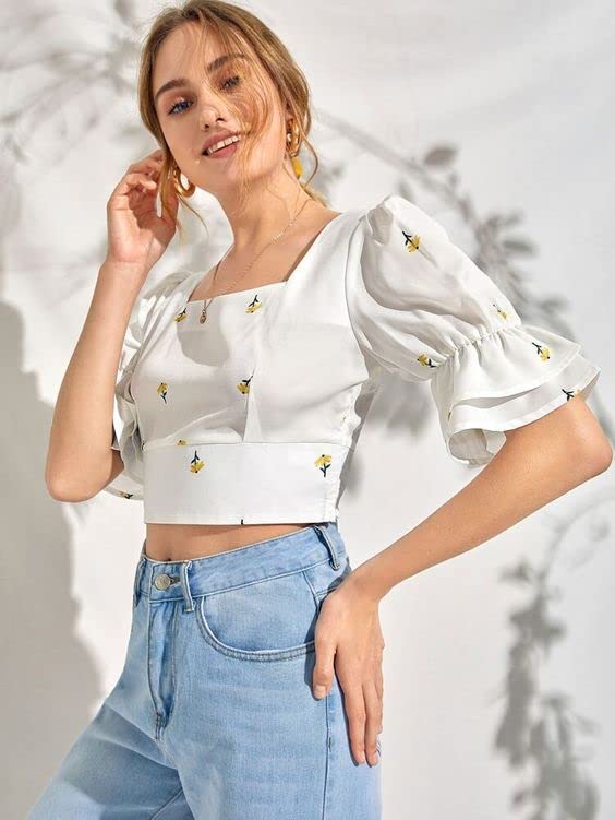 Midnight Moon Women's White Ruffled Cropped Button Down Shirt - Summer Casual Blouse for Beach Outings, Date Nights & Office Wear