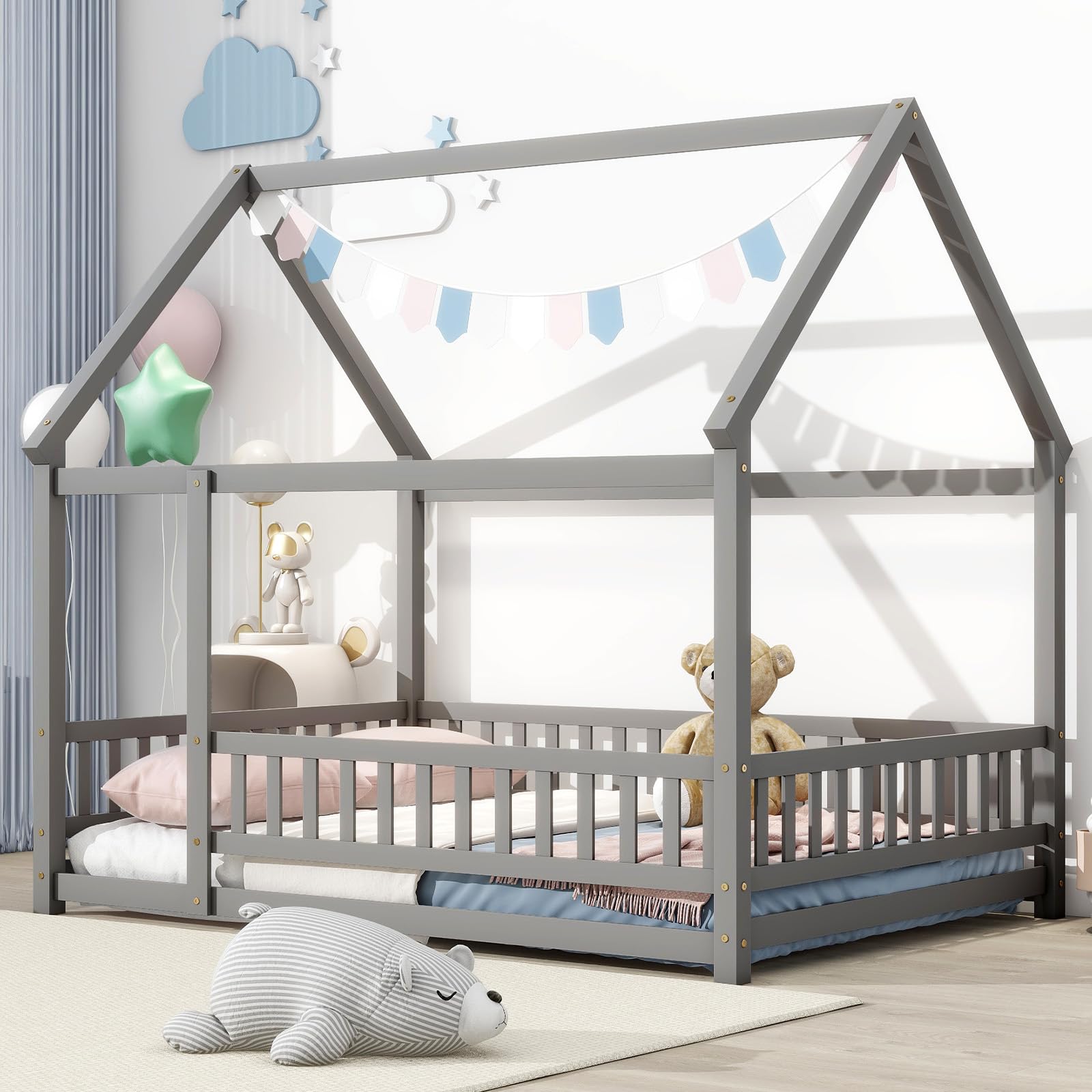 Montessori Floor Bed for Kids - Full Size Wooden House Bed with Safety Rails & Roof - Grey - Perfect for Girls & Boys Bedroom, Playroom or Montessori Classroom