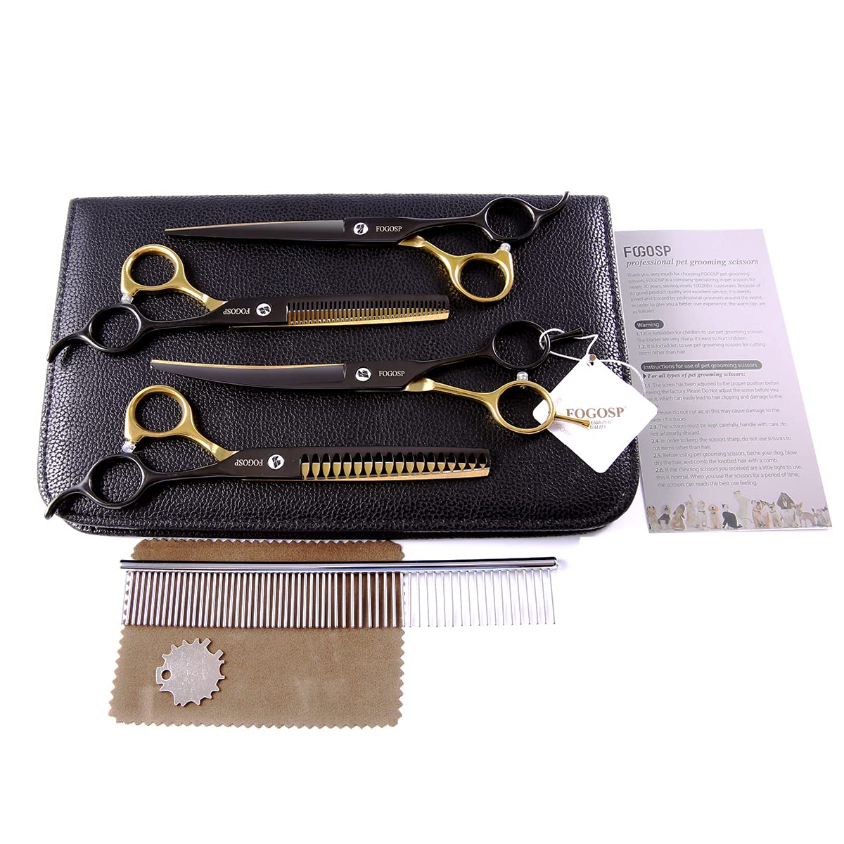 Professional Dog Grooming Scissors Kit for Small Dogs - 4-Piece Set with Blender, Chunker, Curved & Straight Shears (Black & Gold) - Perfect for Home Pet Grooming & Professional Styling