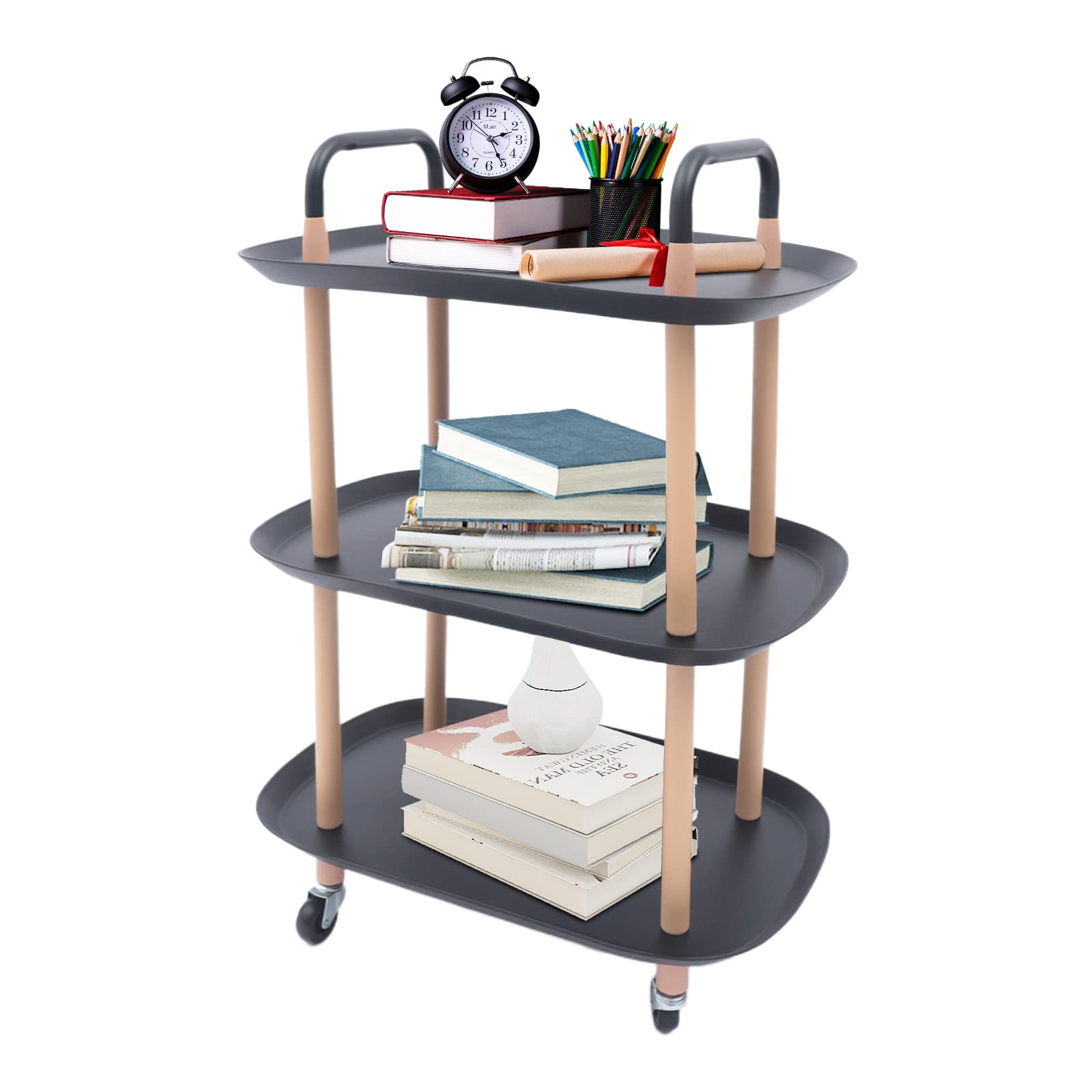 LOYALHEARTDY Black 3-Tier Rolling Utility Cart with Locking Wheels & Handles - Heavy Duty Kitchen Trolley for Restaurant, Bar, Home, Office, Warehouse & Workshop (90Lbs Capacity) - Perfect for Serving, Storage & Mobile Organization
