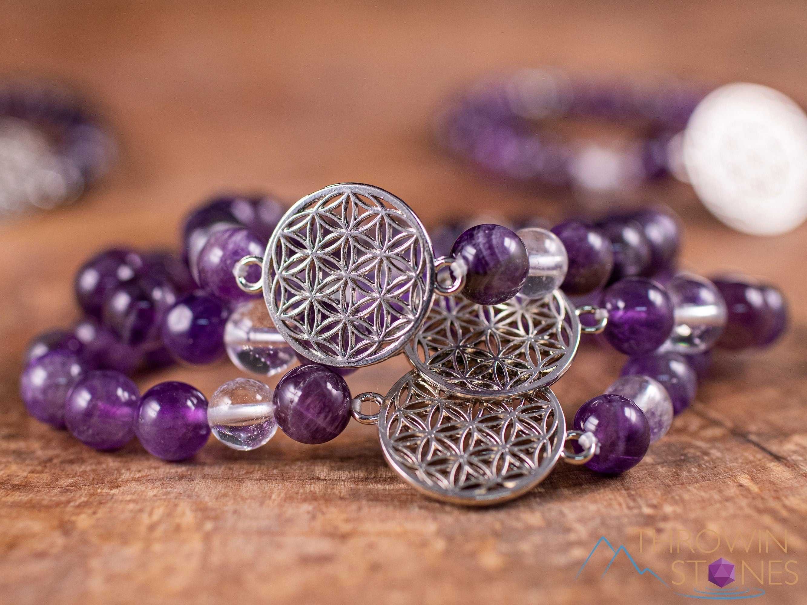 Amethyst & Clear Quartz Flower of Life Beaded Bracelet - Handmade Gemstone Charm Bracelet with Round Beads for Women - Spiritual Healing, Meditation & Yoga Jewelry Gift