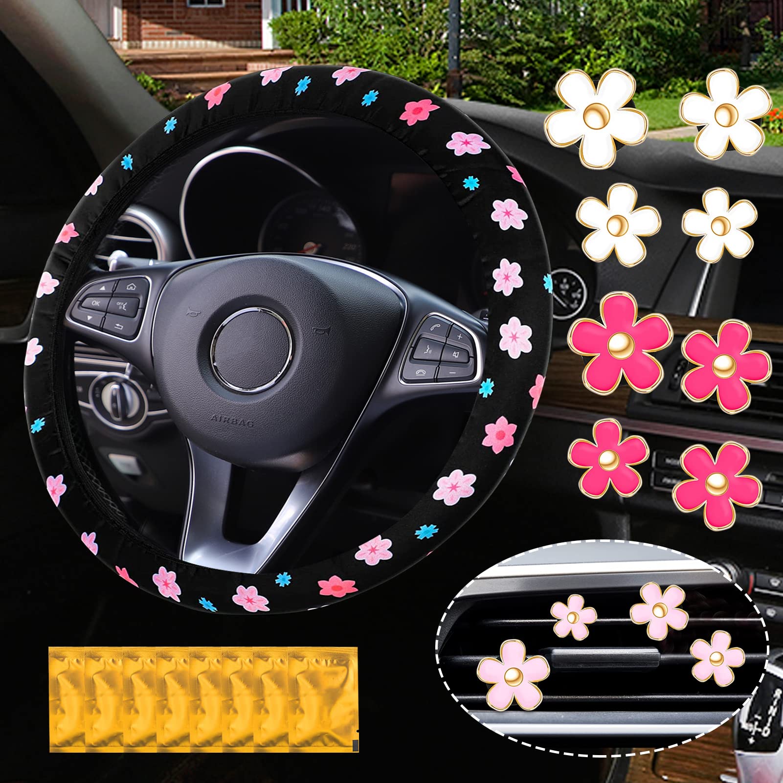 Floral Steering Wheel Cover for Women - LXPKKIG Flower Pattern Universal Fit Car Steering Wheel Protector with 12 Daisy Air Vent Clips - Perfect for Car Interior Decoration & Summer Road Trips