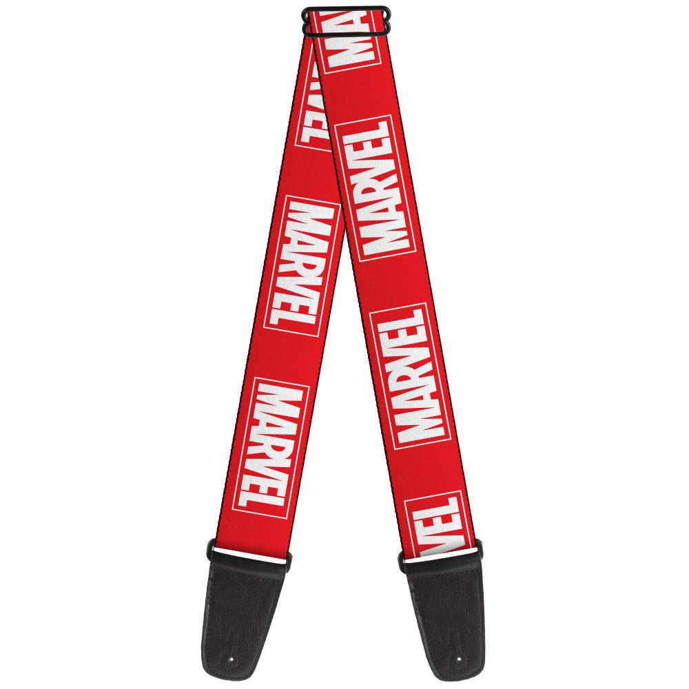 Buckle-Down Marvel Red Brick Logo Guitar Strap - 2 Inch Wide Adjustable 29-54 Inches - Red & White Design - Perfect for Electric & Acoustic Guitars, Live Performances & Music Practice