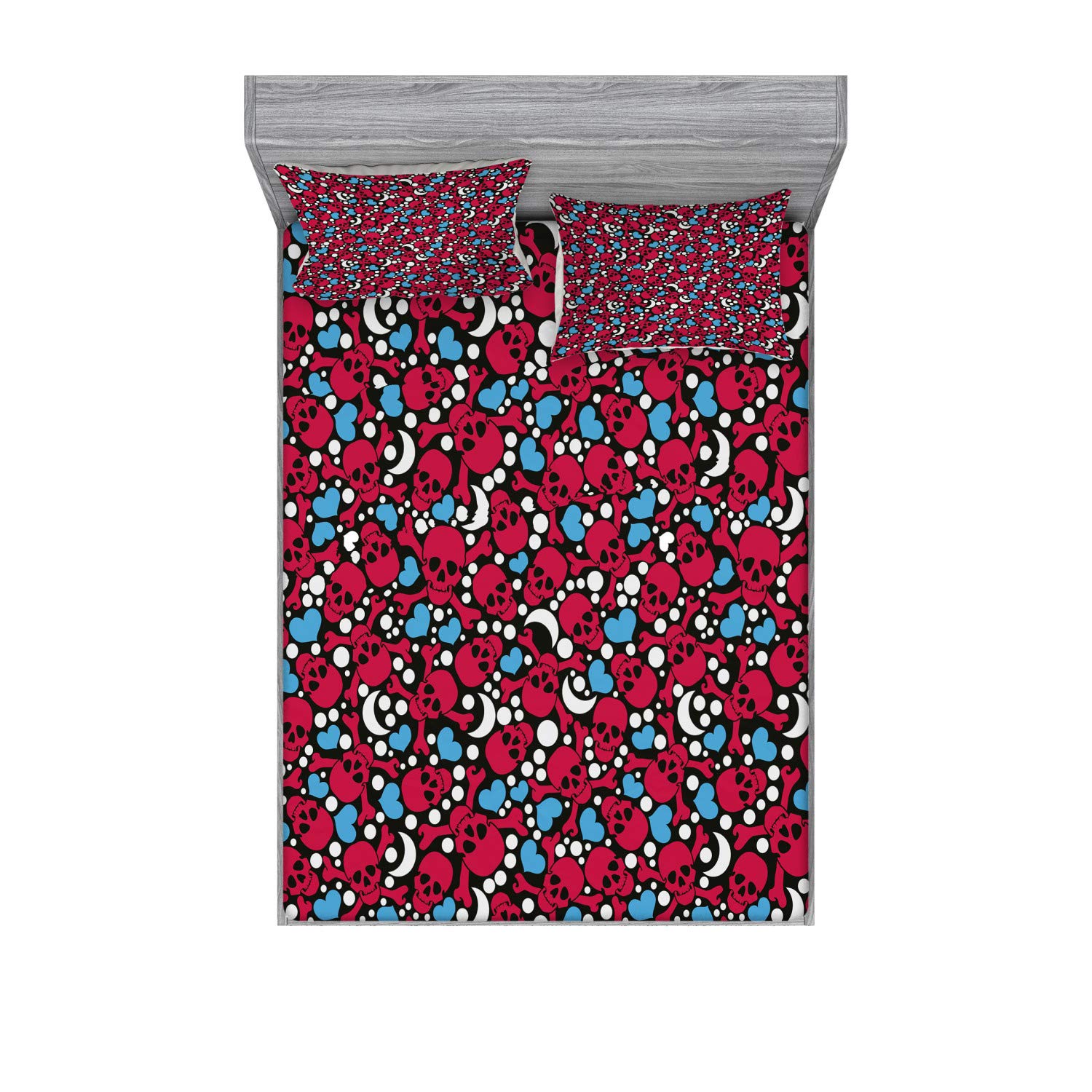Ambesonne Skull Fitted Sheet & Pillow Sham Set - Smiling Red Skulls with Hearts, Moons & Dots Pattern on Black Background, 3-Piece Printed Bedding Decor Set, Full Size, Multicolor | Gothic Bedroom Decor for Halloween, Rock Music Theme or Dark Aesthetic Lovers