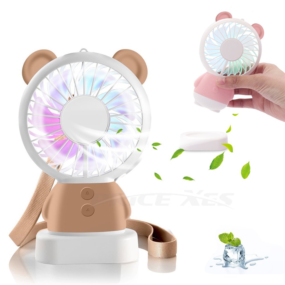 Mini Handheld Fan with Color LED Light & 2 Speed Settings - USB Rechargeable Portable Necklace Fan for Office, Travel, Camping, Home & Kids | Includes Stand Base & Pocket Clip (Bear Brown)