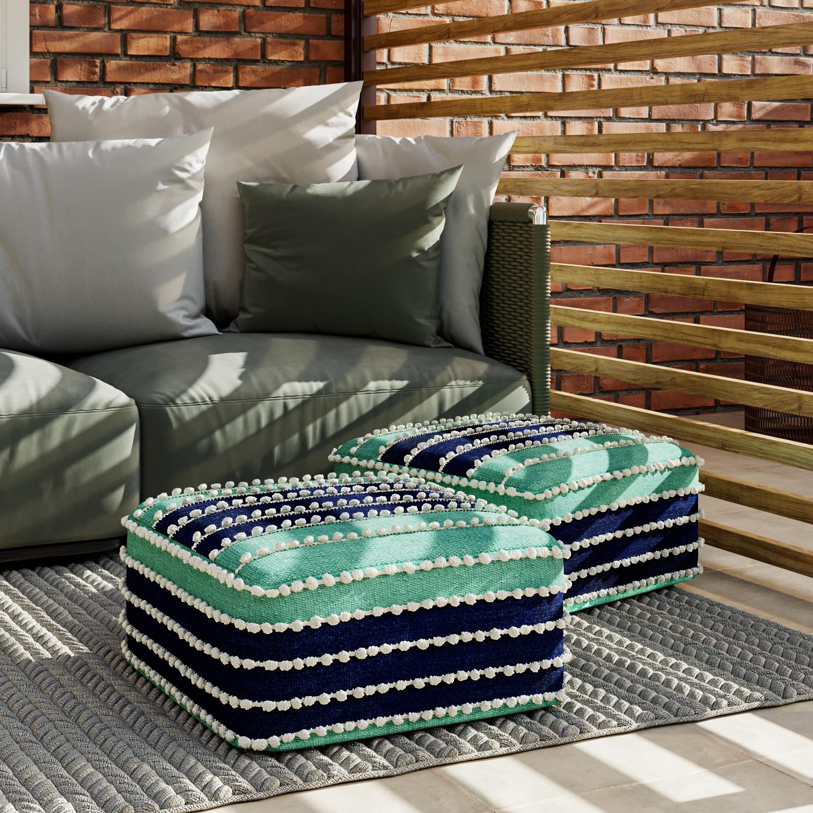 SIMPLIHOME Garbo Boho Square Woven Pouf - Indoor/Outdoor Ottoman in Aqua, Navy & White | Eco-Friendly Recycled PET Polyester | Perfect for Living Room, Bedroom & Kids Room Decor | Great for Seating, Footrest or Side Table