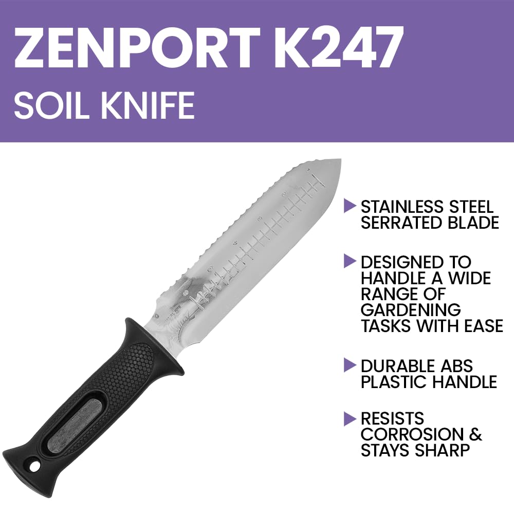 Zenport K247 Soil Knife - Heavy Duty ZenBori Gardening Knife with Depth Measurement Marks, Ergonomic Black Handle & Protective Sheath (12-Pack) - Perfect for Weeding, Planting & Landscaping Tasks