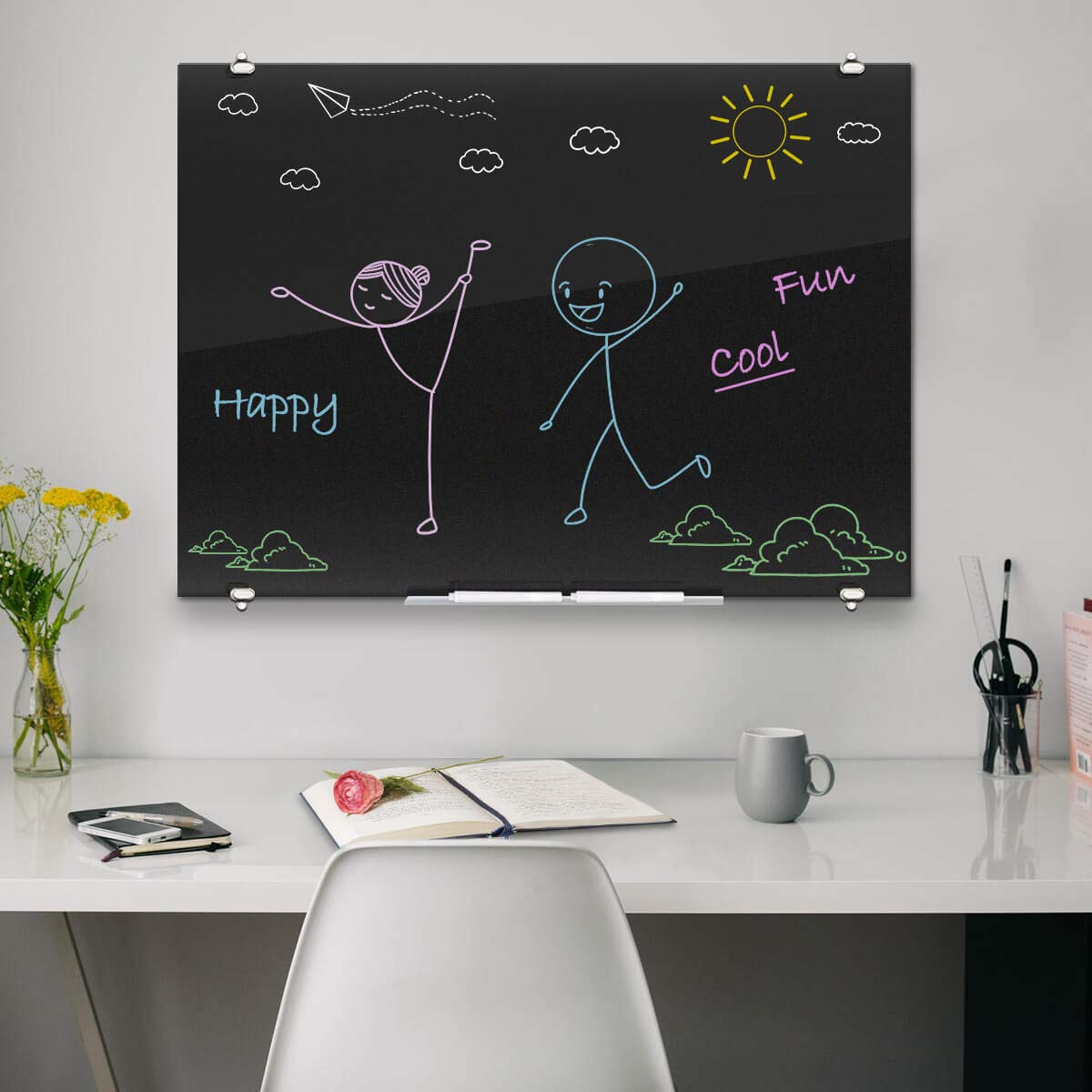Black Magnetic Glass Dry Erase Board 4x3 Feet - Premium Glass Whiteboard with Black Surface for Office, School & Home Use - Includes 4 Dry Erase Markers & 1 Eraser - Perfect for Presentations, Meetings, Classroom Teaching & Home Organization