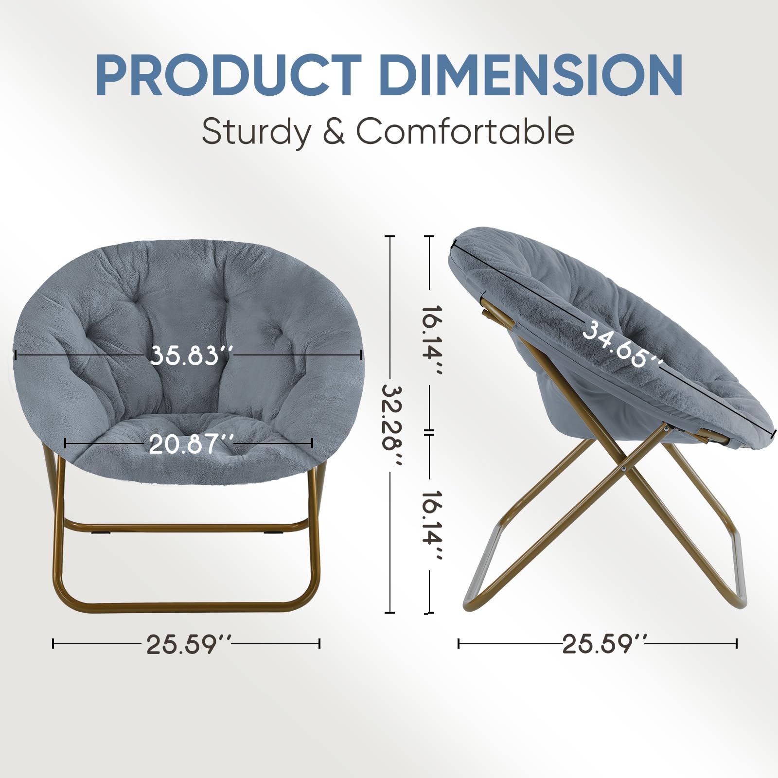DUMOS Comfy Saucer Chair - Cozy Faux Fur Soft Lounge Seat with Thick Padding & Sturdy Metal Frame | Foldable Reading Chair for Bedroom, Living Room, Home Office | Perfect for Kids & Adults (Grey)